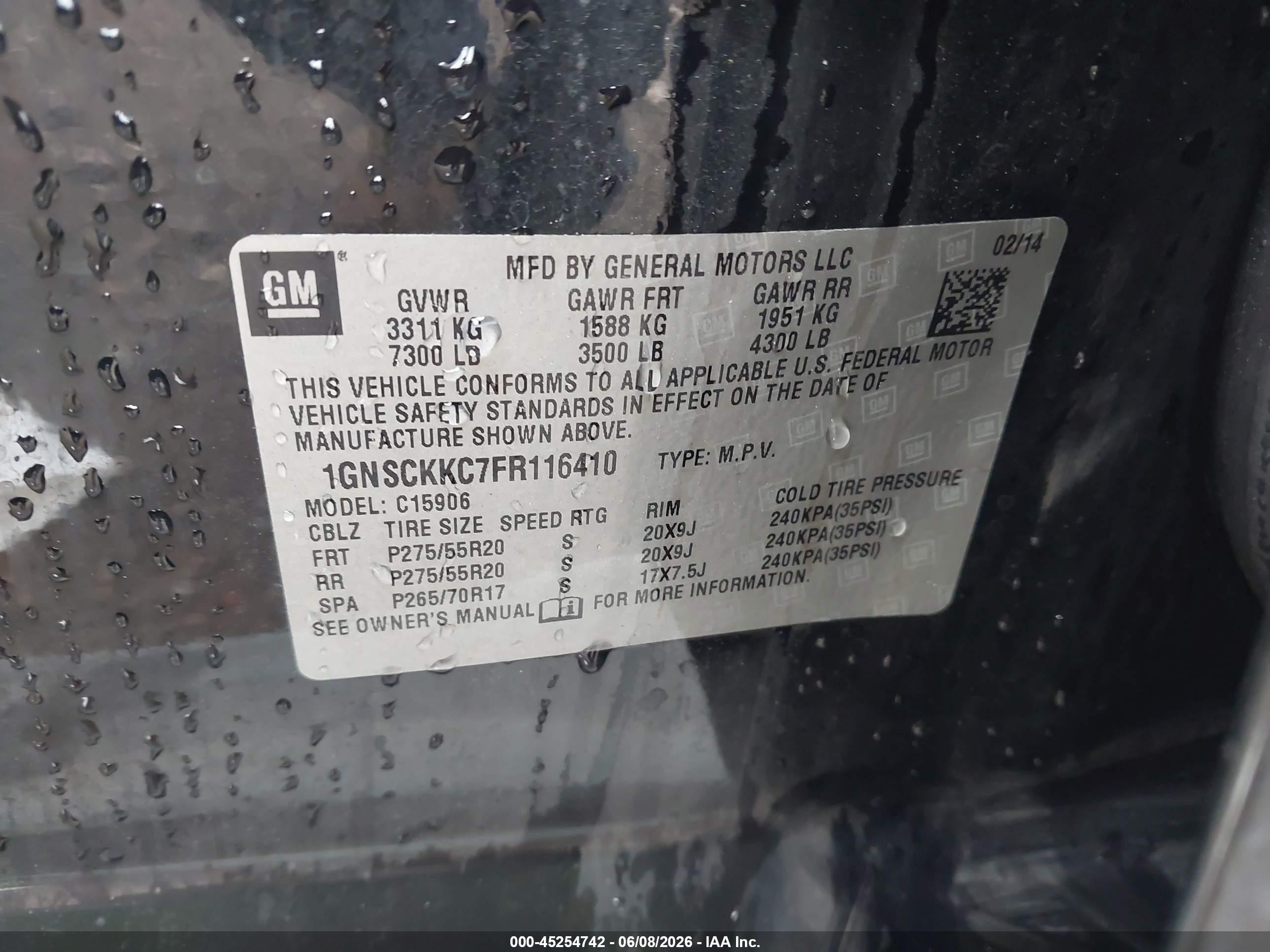 2015 Chevrolet Suburban 1500 Ltz Black vin: 1GNSCKKC7FR116410
