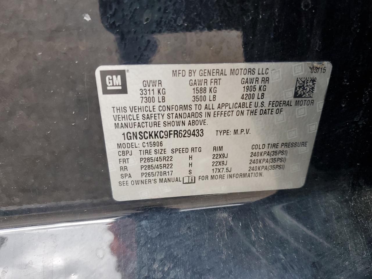 2015 Chevrolet Suburban C1500 Ltz Black vin: 1GNSCKKC9FR629433