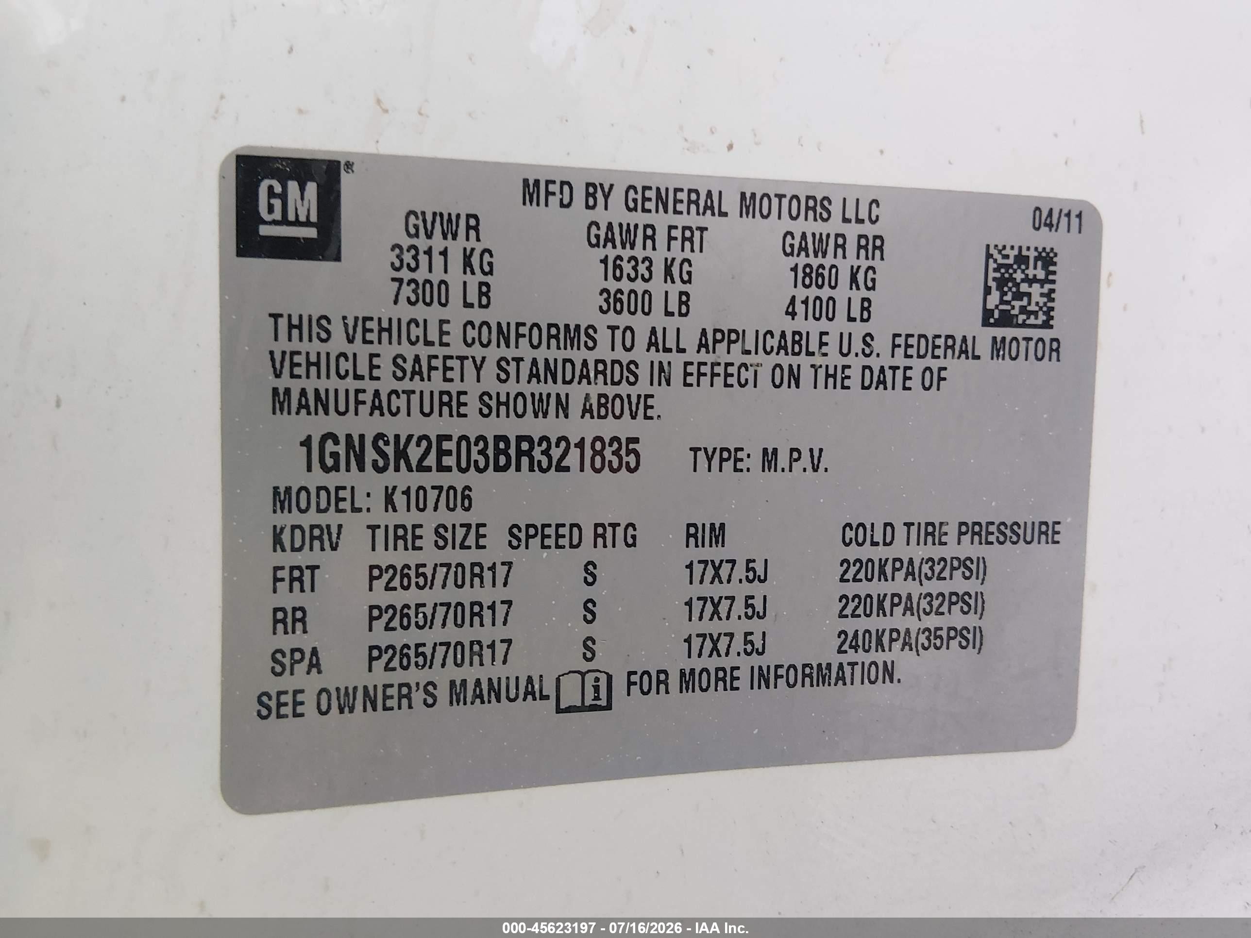 2011 Chevrolet Tahoe Commercial White vin: 1GNSK2E03BR321835