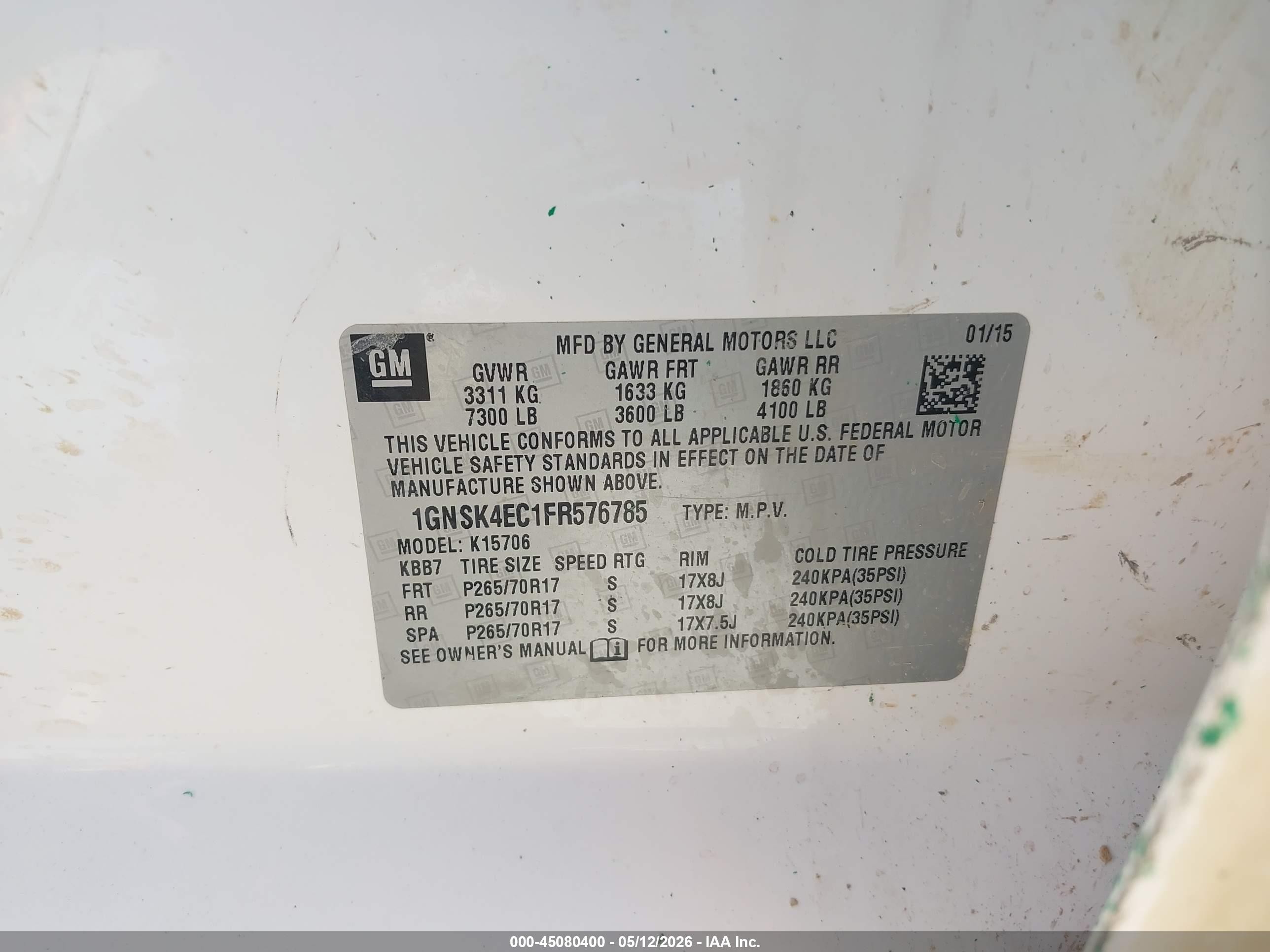 2015 Chevrolet Tahoe Commercial Fleet White vin: 1GNSK4EC1FR576785