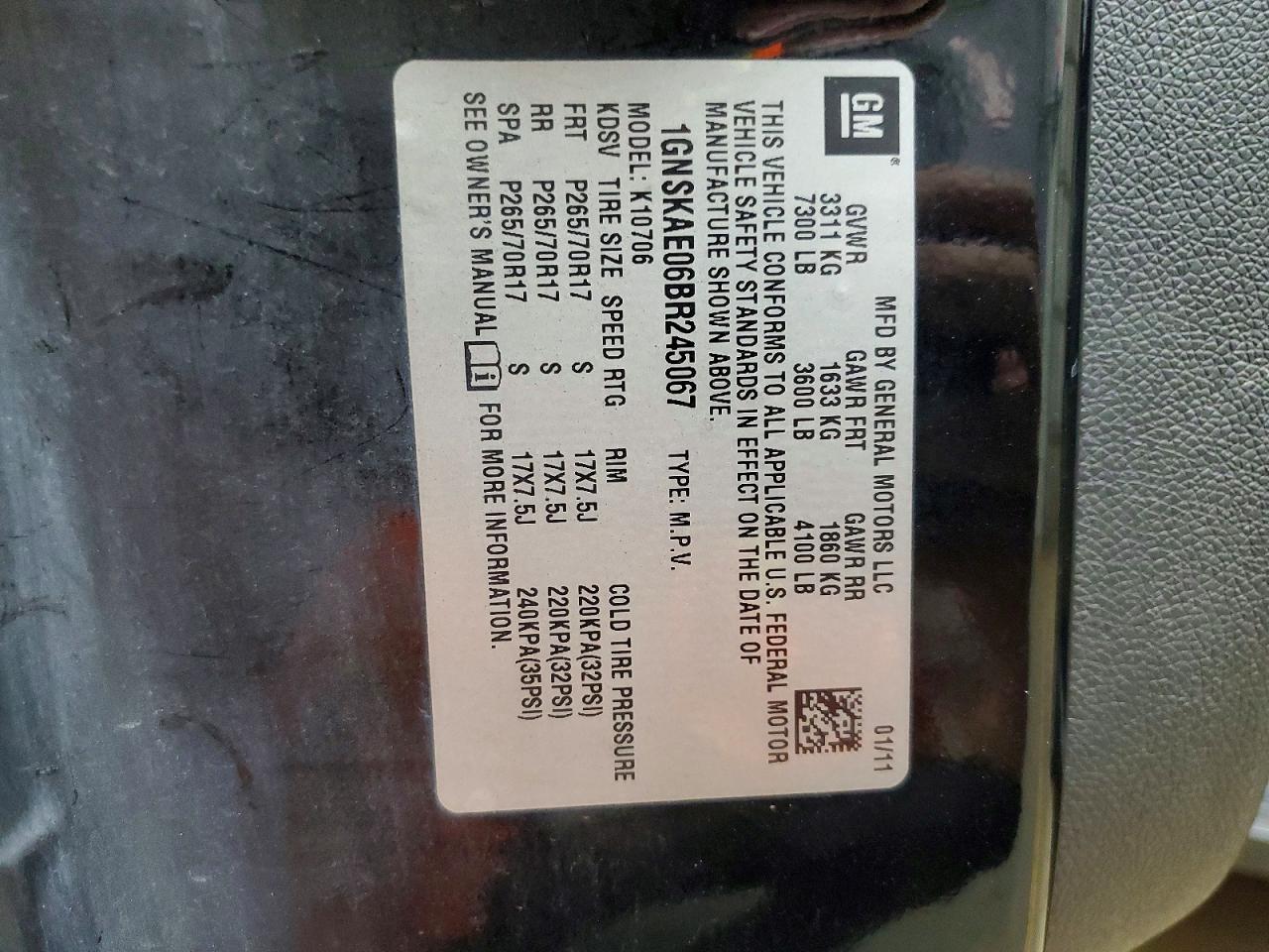 2011 Chevrolet Tahoe Black vin: 1GNSKAE06BR245067