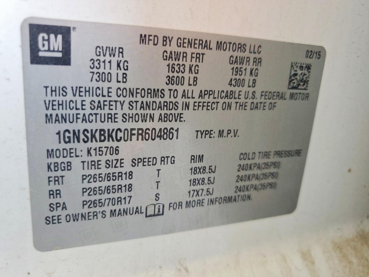 2015 Chevrolet Tahoe K1500 Lt White vin: 1GNSKBKC0FR604861