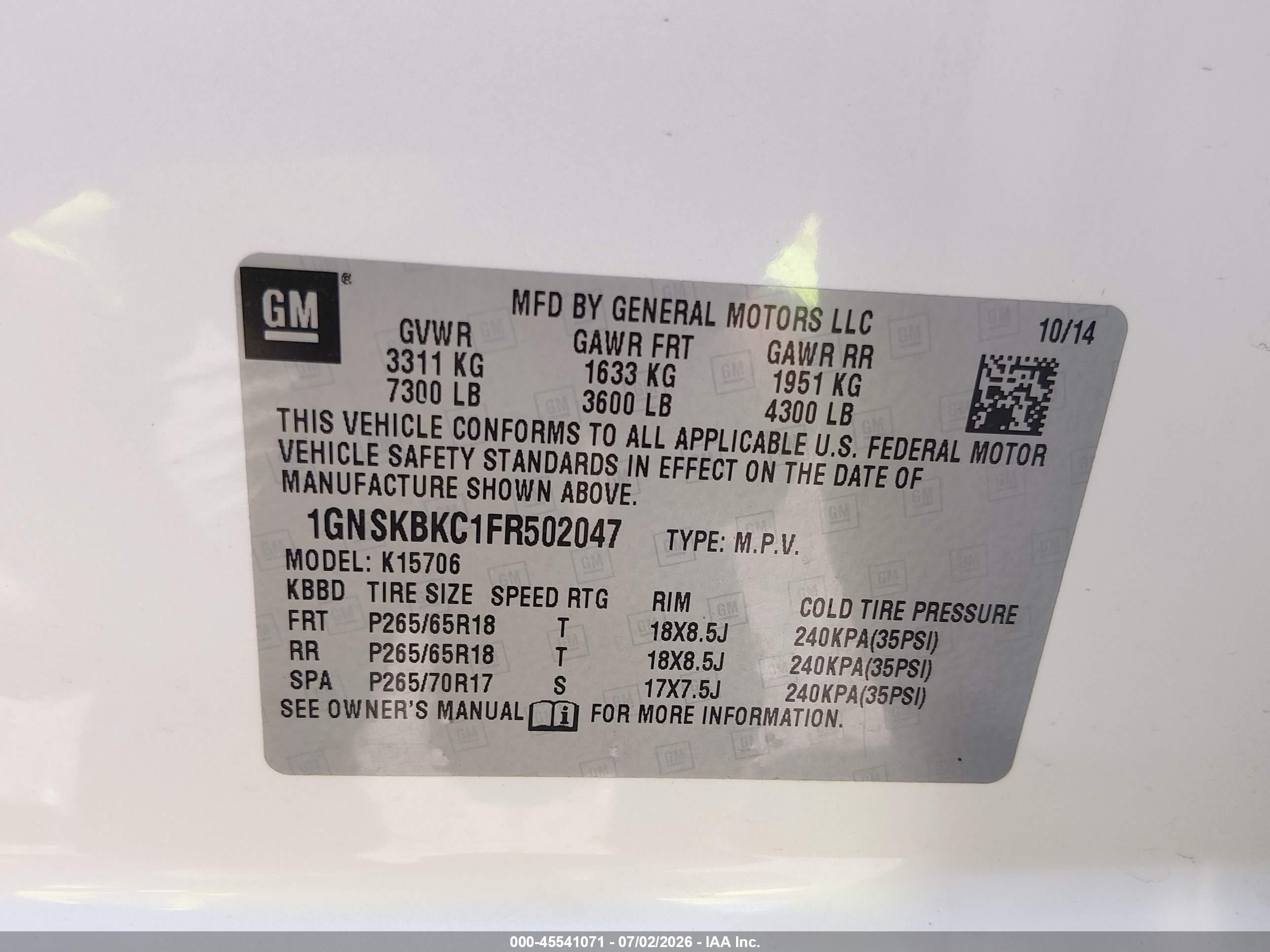 2015 Chevrolet Tahoe Lt White vin: 1GNSKBKC1FR502047