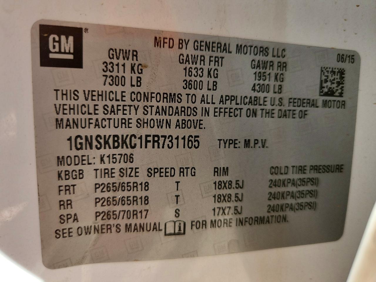 2015 Chevrolet Tahoe K1500 Lt White vin: 1GNSKBKC1FR731165