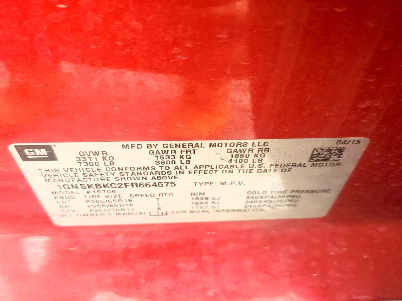 2015 Chevrolet Tahoe K1500 Lt Red vin: 1GNSKBKC2FR664575