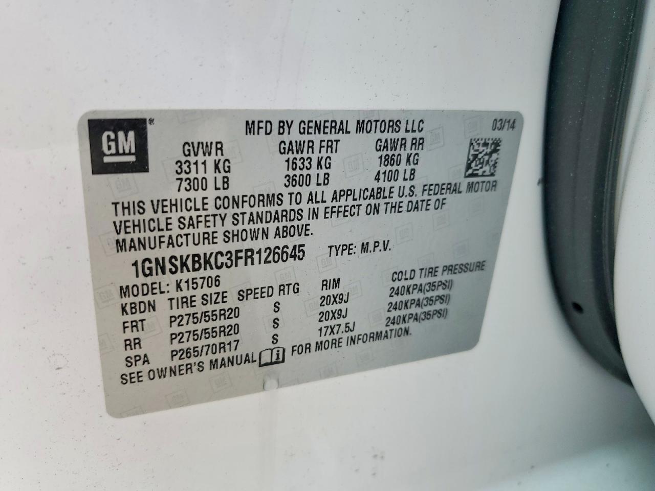 2015 Chevrolet Tahoe K1500 Lt White vin: 1GNSKBKC3FR126645