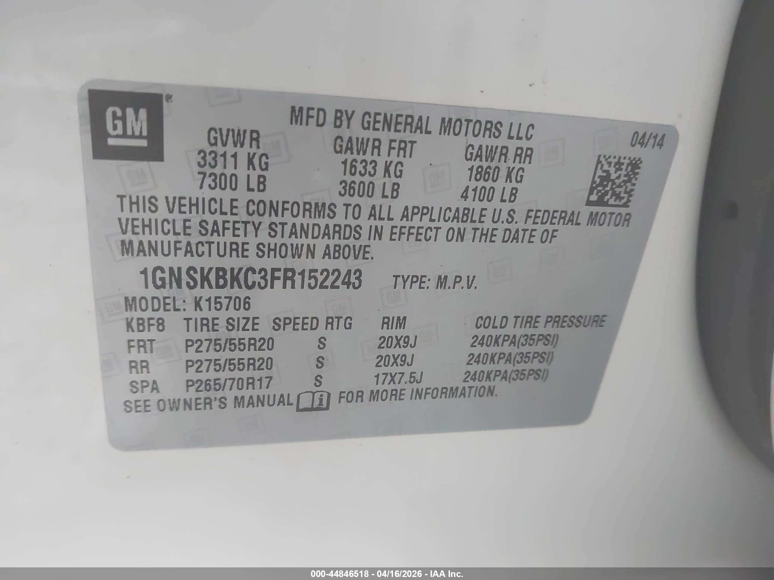 2015 Chevrolet Tahoe Lt White vin: 1GNSKBKC3FR152243