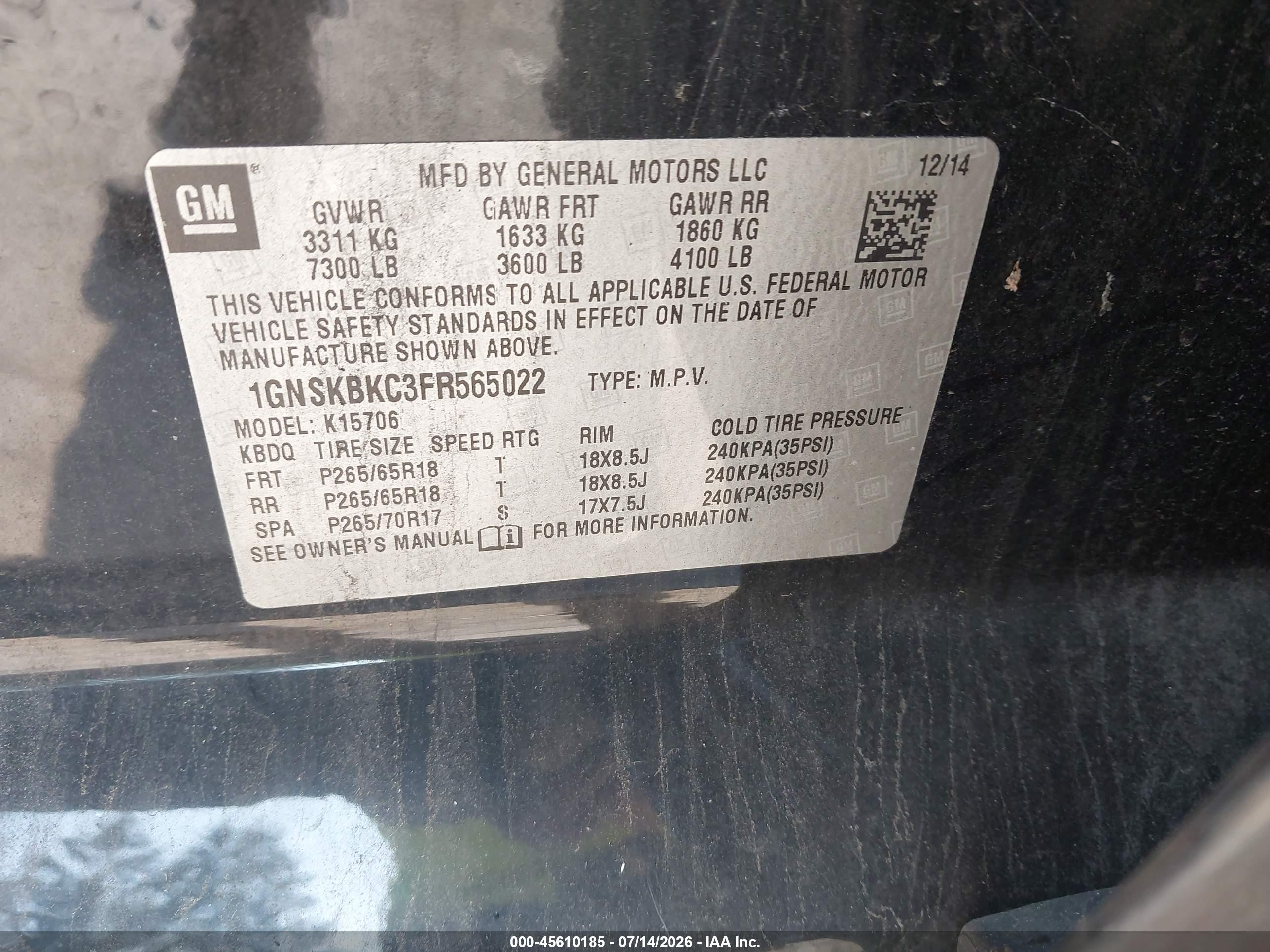 2015 Chevrolet Tahoe Lt Черный vin: 1GNSKBKC3FR565022