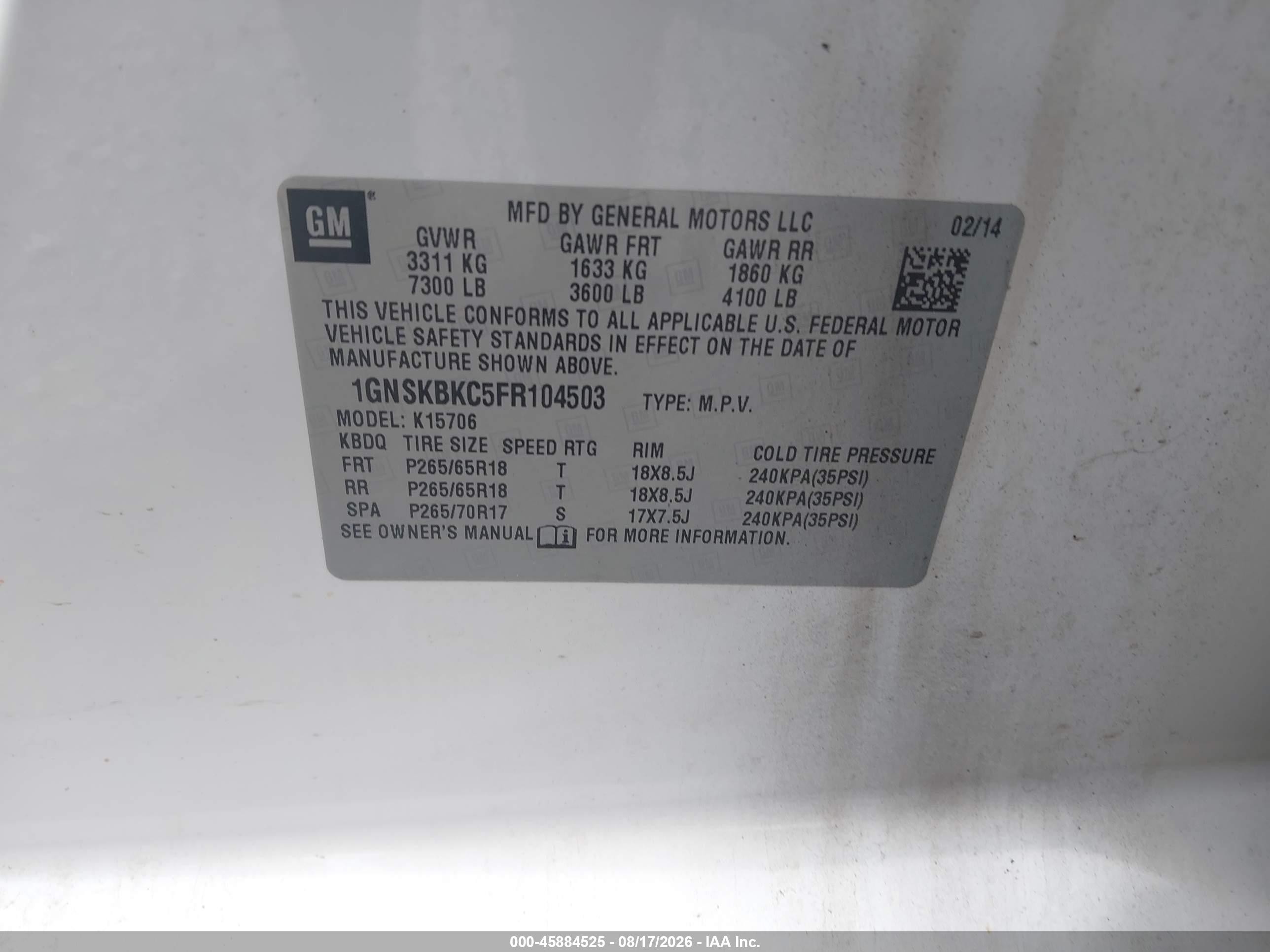 2015 Chevrolet Tahoe Lt Белый vin: 1GNSKBKC5FR104503
