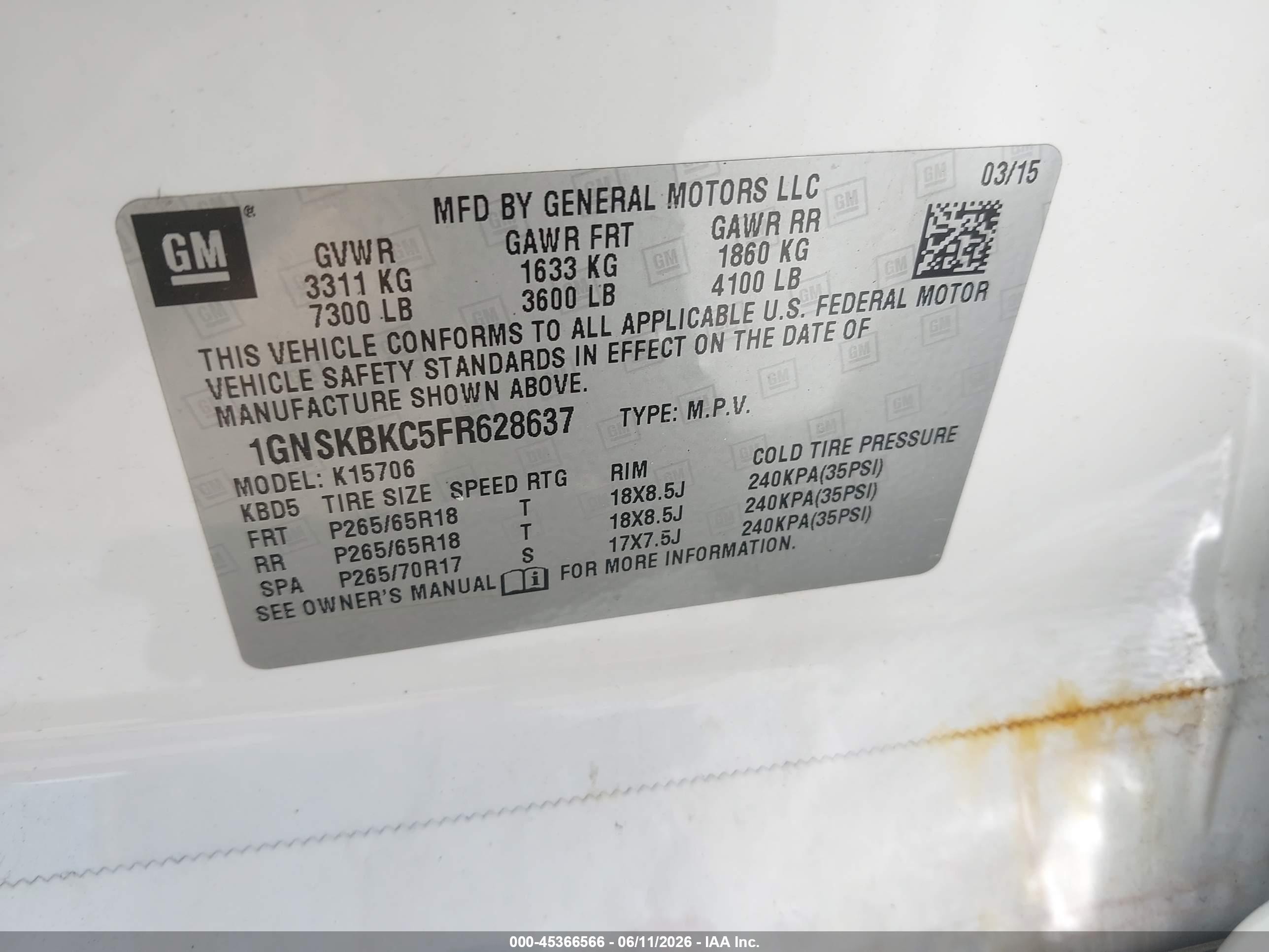 2015 Chevrolet Tahoe Lt White vin: 1GNSKBKC5FR628637