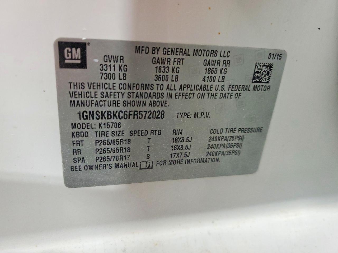 2015 Chevrolet Tahoe K1500 Lt Белый vin: 1GNSKBKC6FR572028