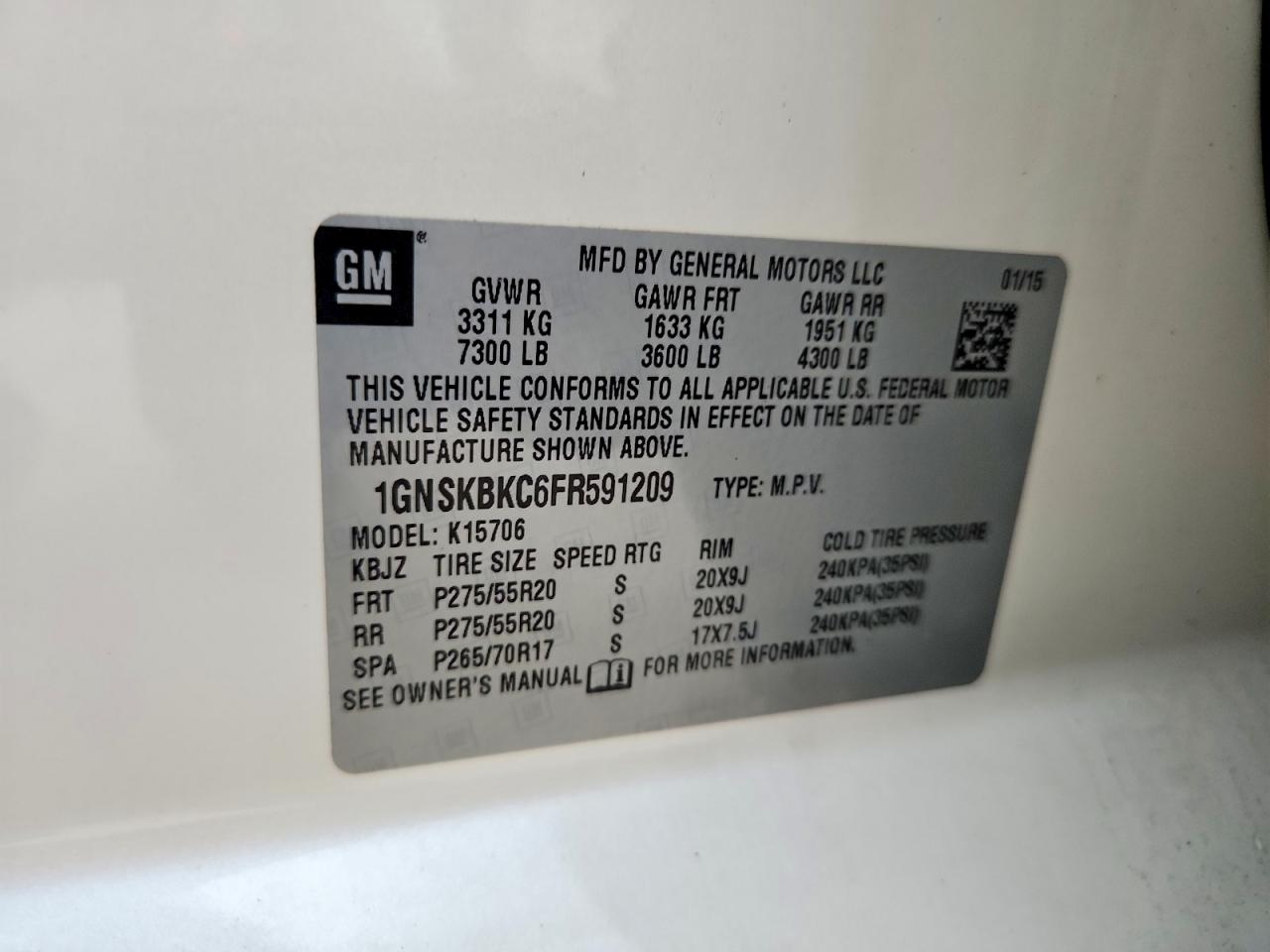 2015 Chevrolet Tahoe K1500 Lt White vin: 1GNSKBKC6FR591209