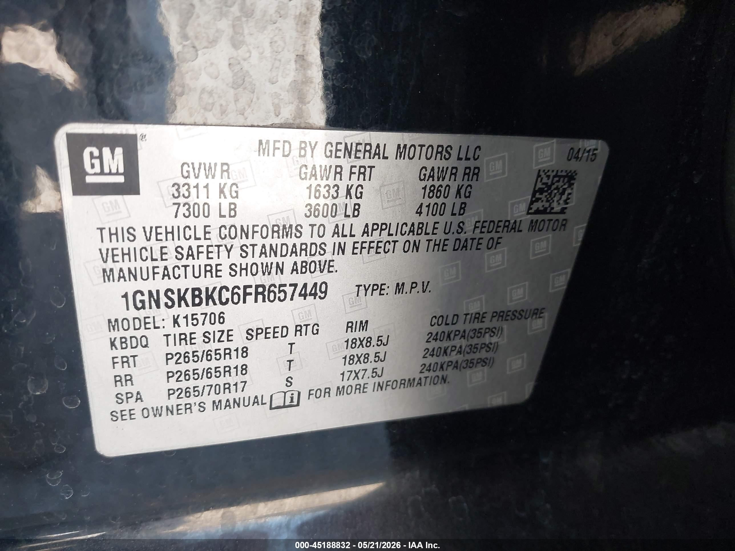 2015 Chevrolet Tahoe Lt Черный vin: 1GNSKBKC6FR657449