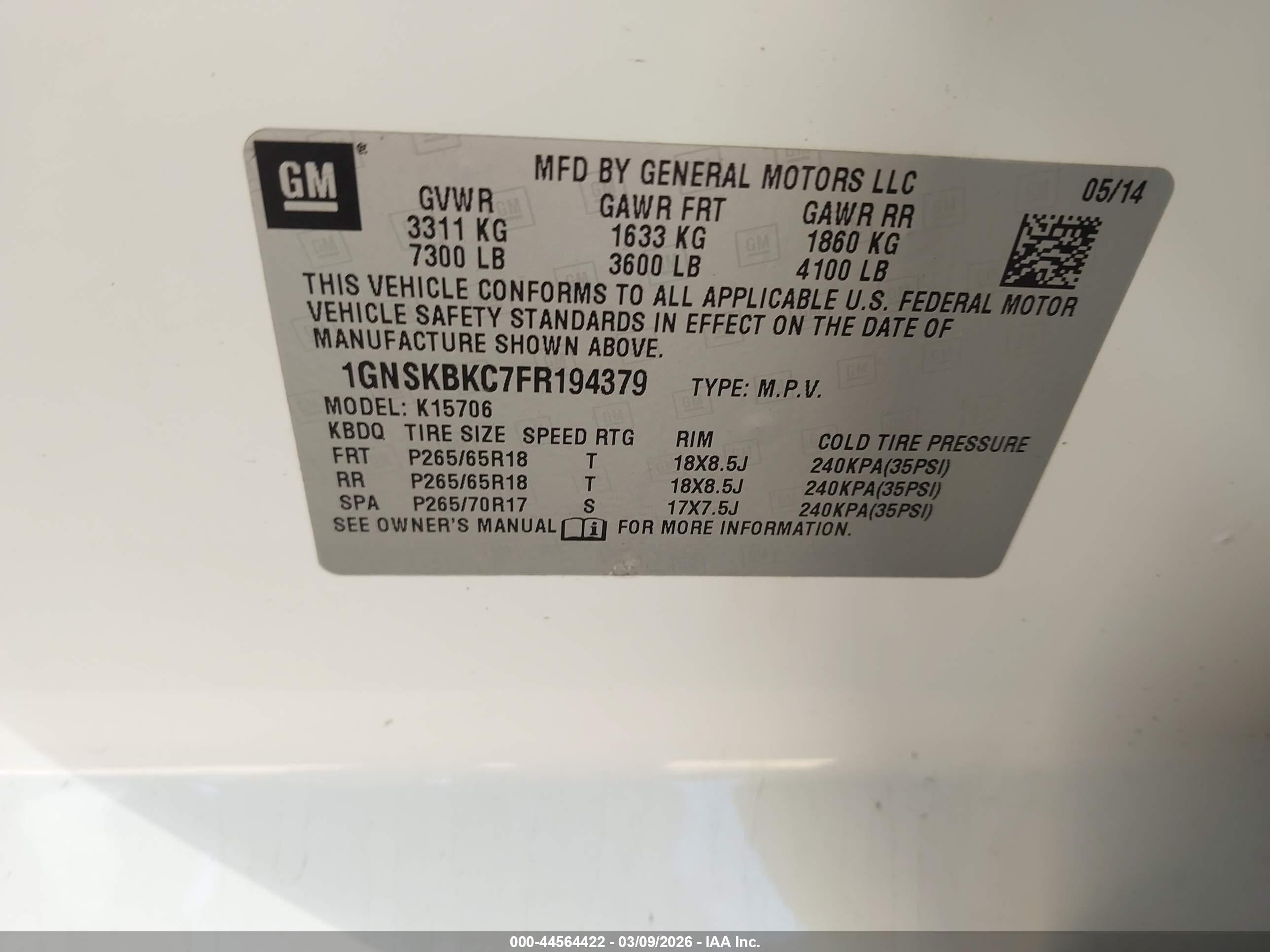 2015 Chevrolet Tahoe Lt Белый vin: 1GNSKBKC7FR194379