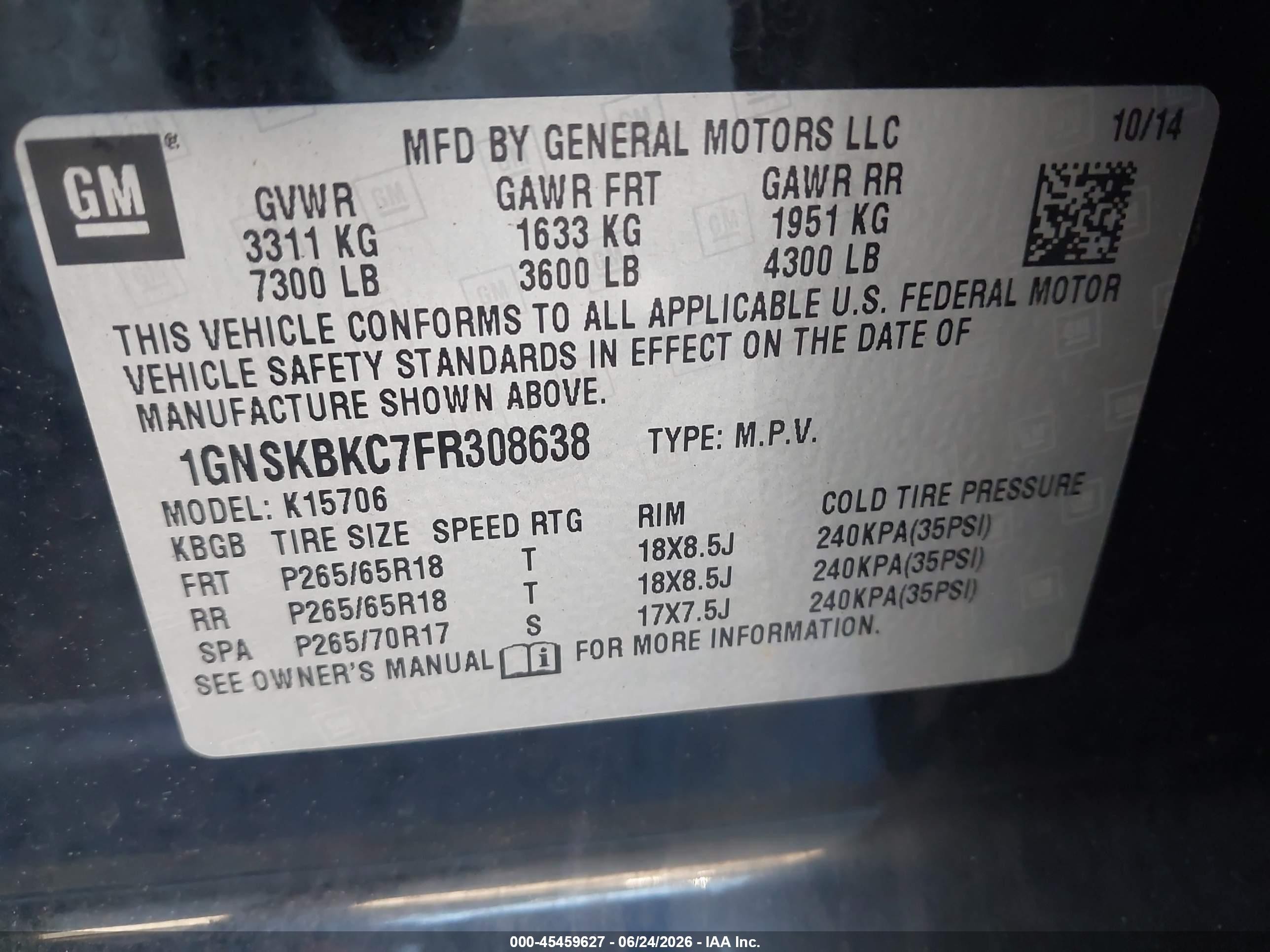 2015 Chevrolet Tahoe Lt Black vin: 1GNSKBKC7FR308638