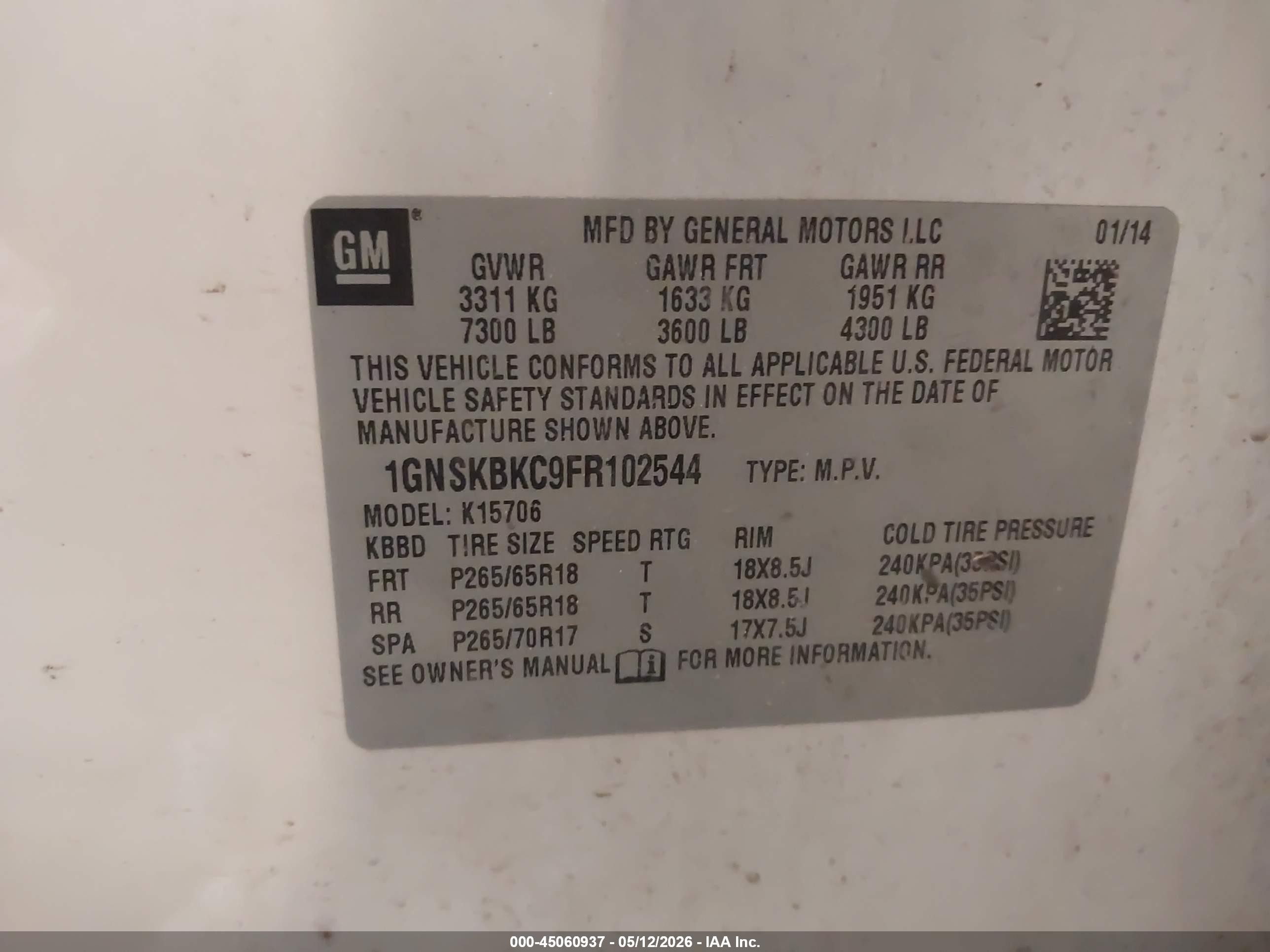 2015 Chevrolet Tahoe Lt White vin: 1GNSKBKC9FR102544