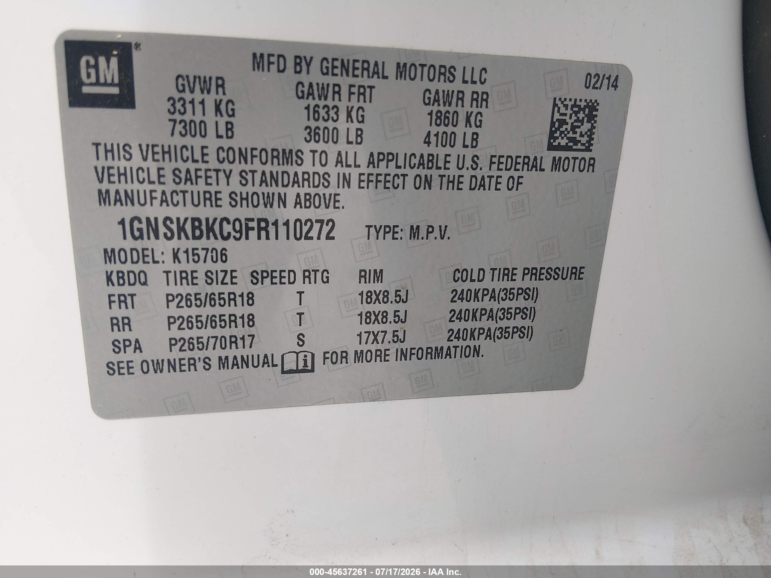 2015 Chevrolet Tahoe Lt White vin: 1GNSKBKC9FR110272