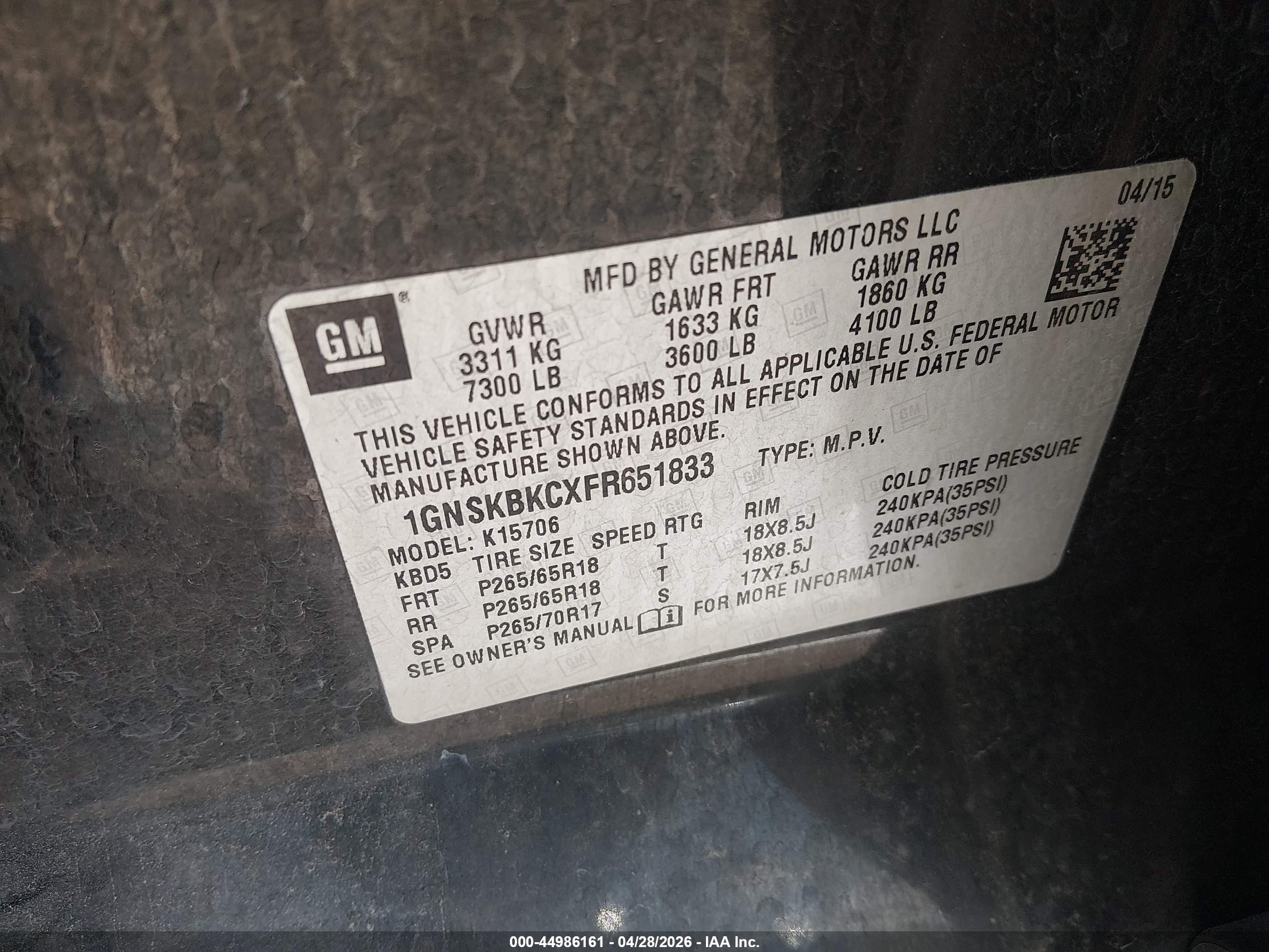 2015 Chevrolet Tahoe Lt Black vin: 1GNSKBKCXFR651833