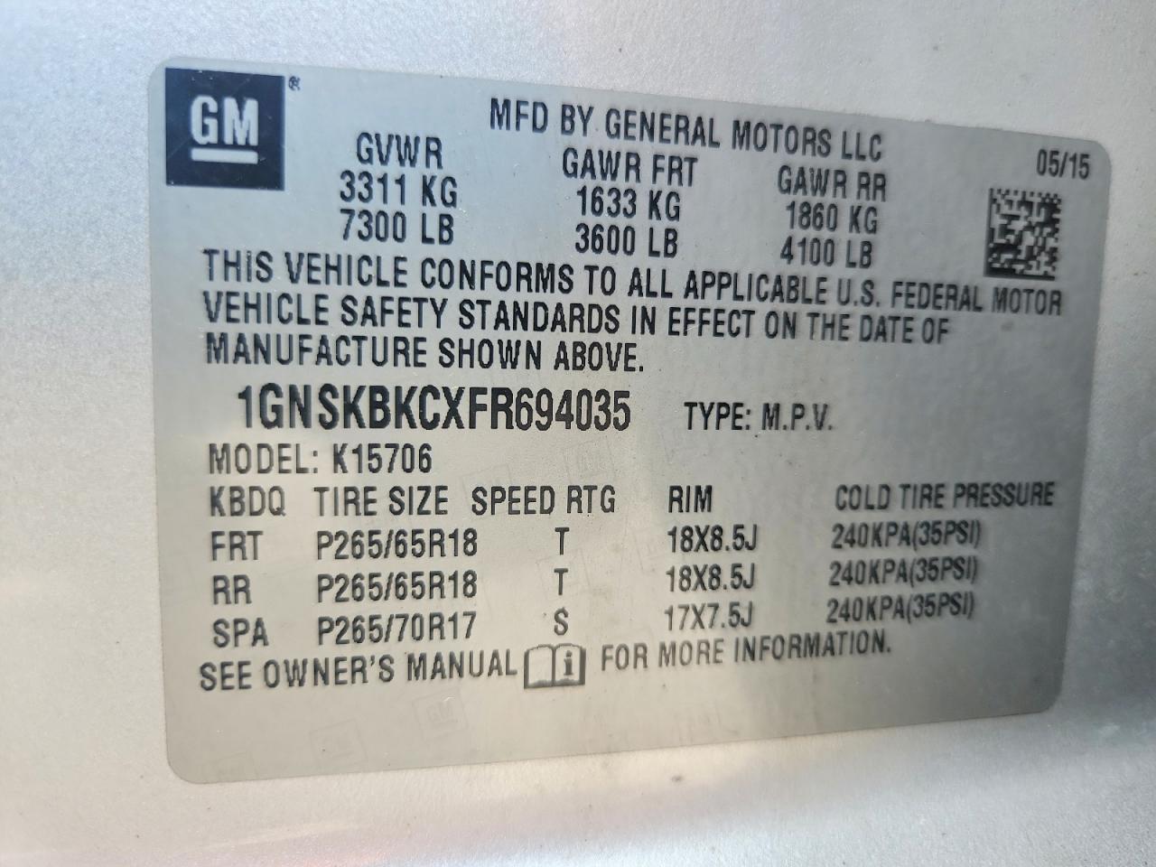 2015 Chevrolet Tahoe K1500 Lt Silver vin: 1GNSKBKCXFR694035