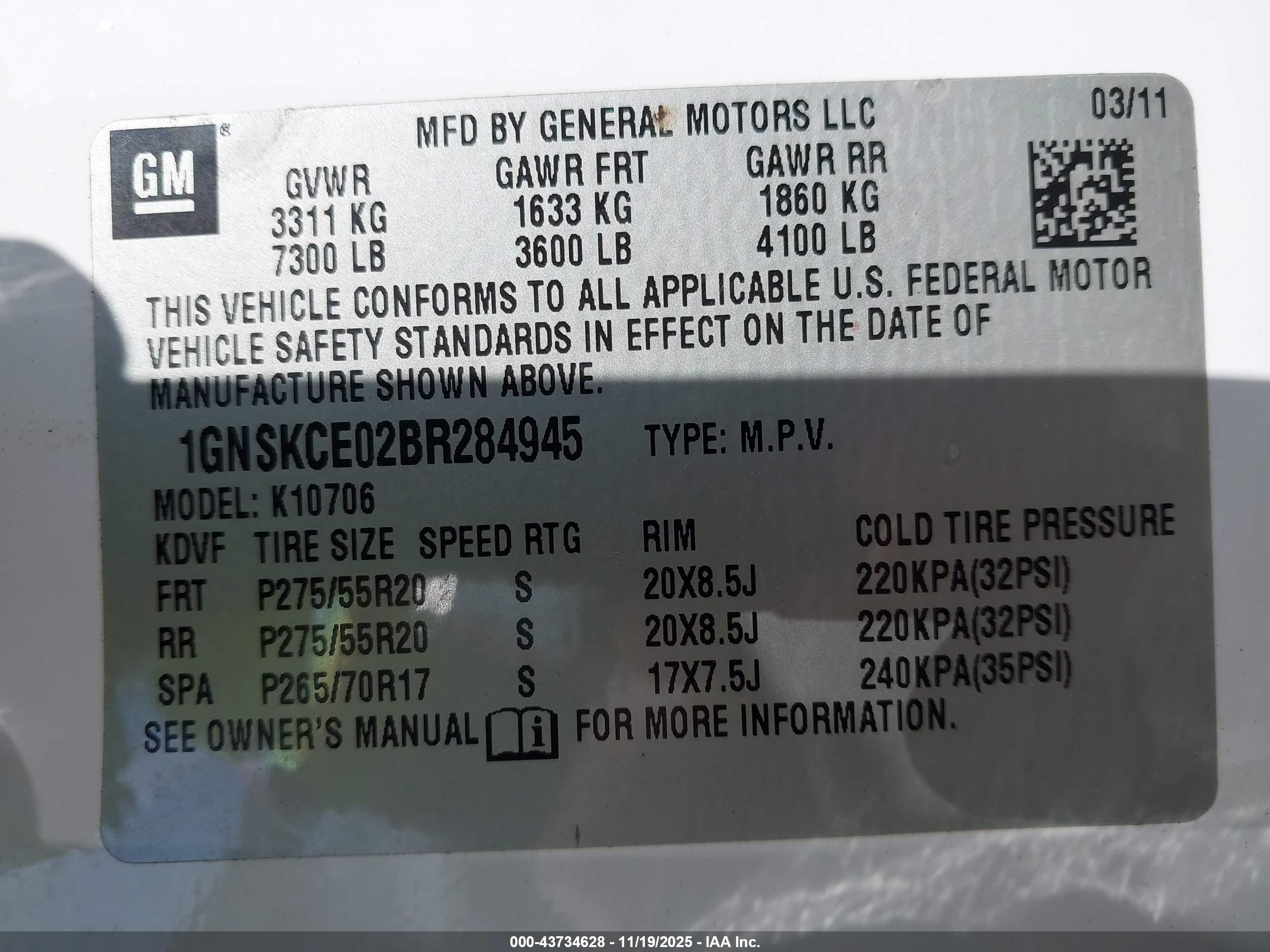 2011 Chevrolet Tahoe Ltz White vin: 1GNSKCE02BR284945