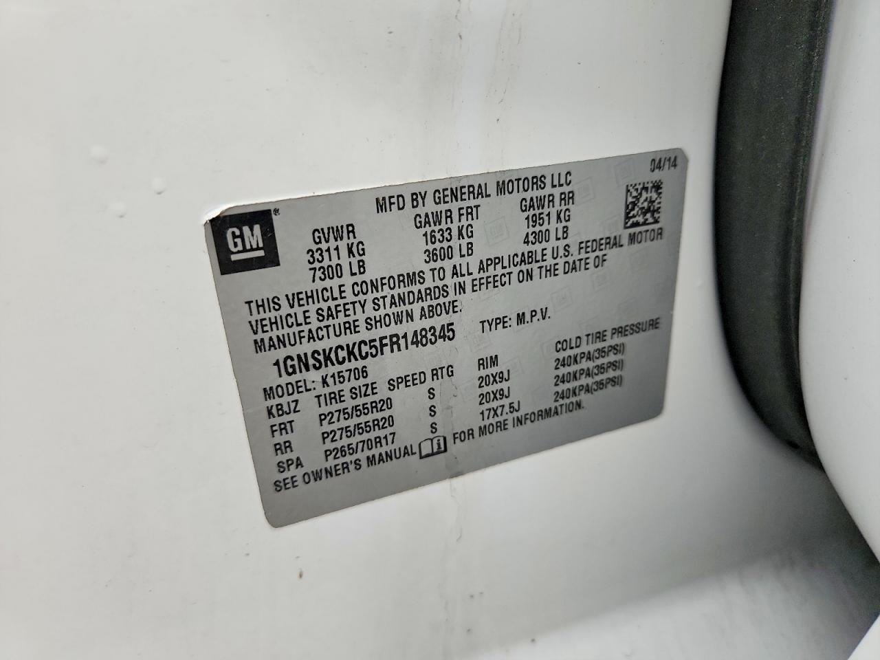 2015 Chevrolet Tahoe K1500 Ltz White vin: 1GNSKCKC5FR148345