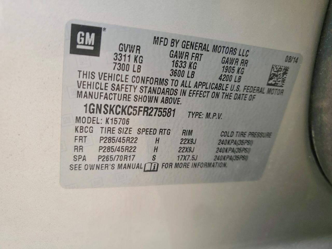 2015 Chevrolet Tahoe K1500 Ltz Beige vin: 1GNSKCKC5FR275581