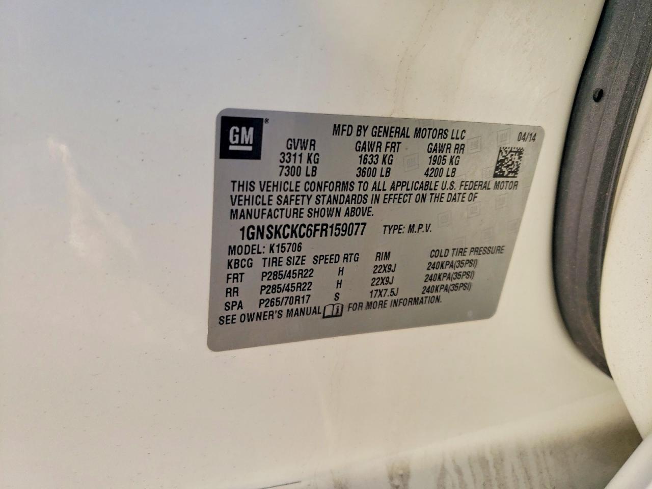 2015 Chevrolet Tahoe K1500 Ltz White vin: 1GNSKCKC6FR159077