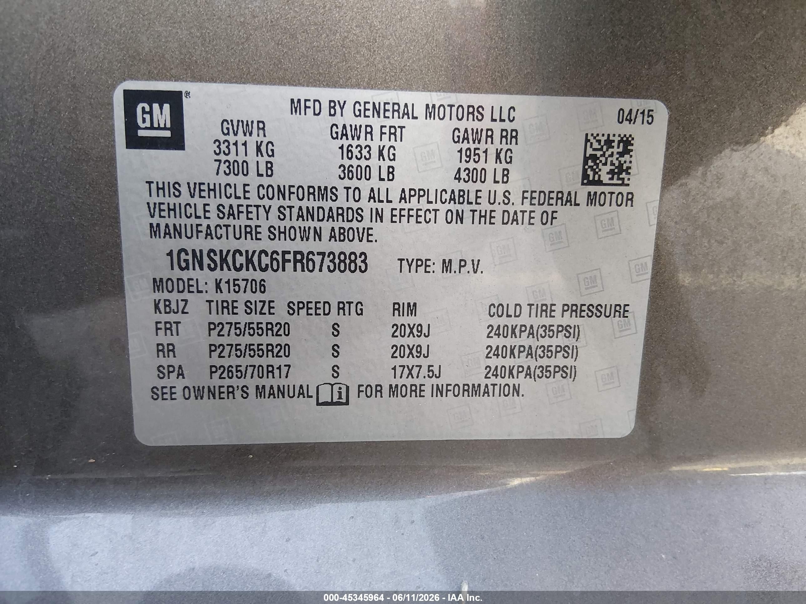 2015 Chevrolet Tahoe Ltz Gray vin: 1GNSKCKC6FR673883