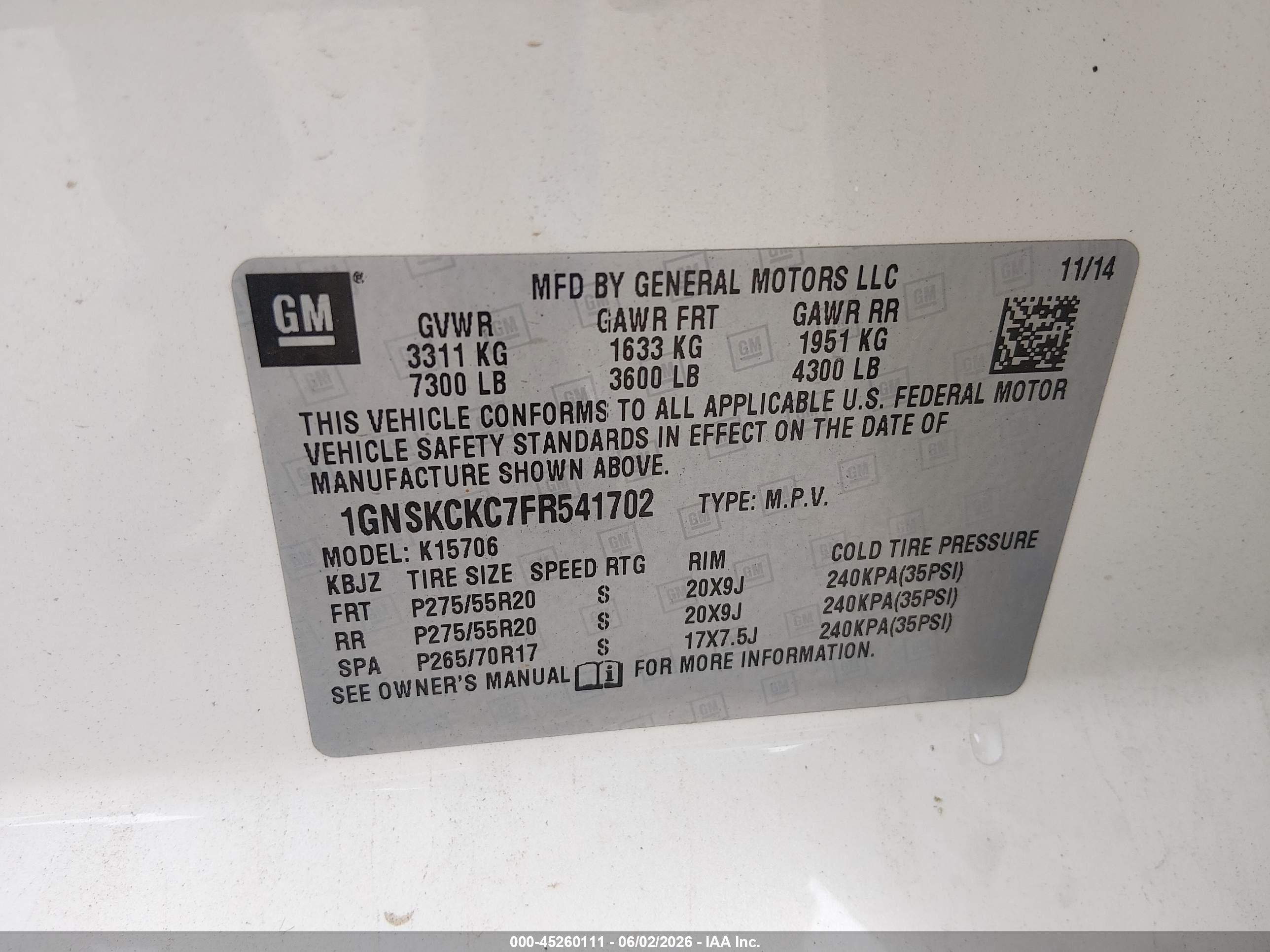 2015 Chevrolet Tahoe Ltz White vin: 1GNSKCKC7FR541702