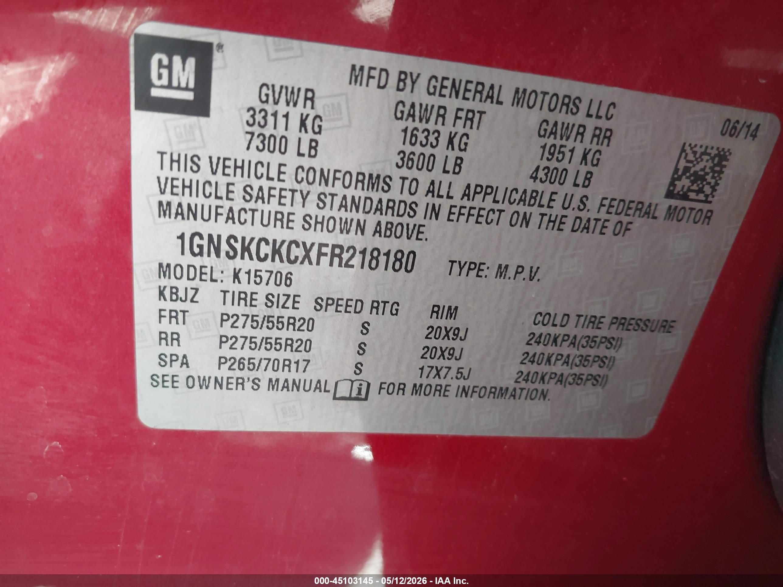 2015 Chevrolet Tahoe Ltz Red vin: 1GNSKCKCXFR218180