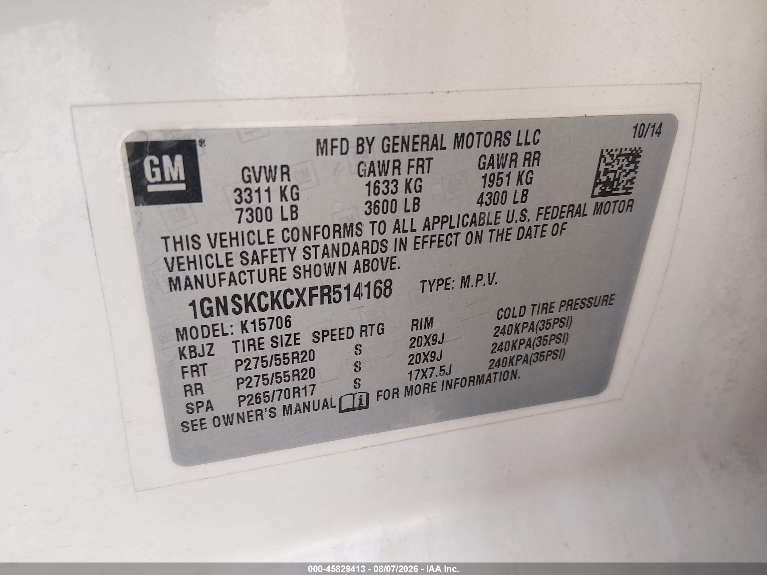 2015 Chevrolet Tahoe Ltz White vin: 1GNSKCKCXFR514168