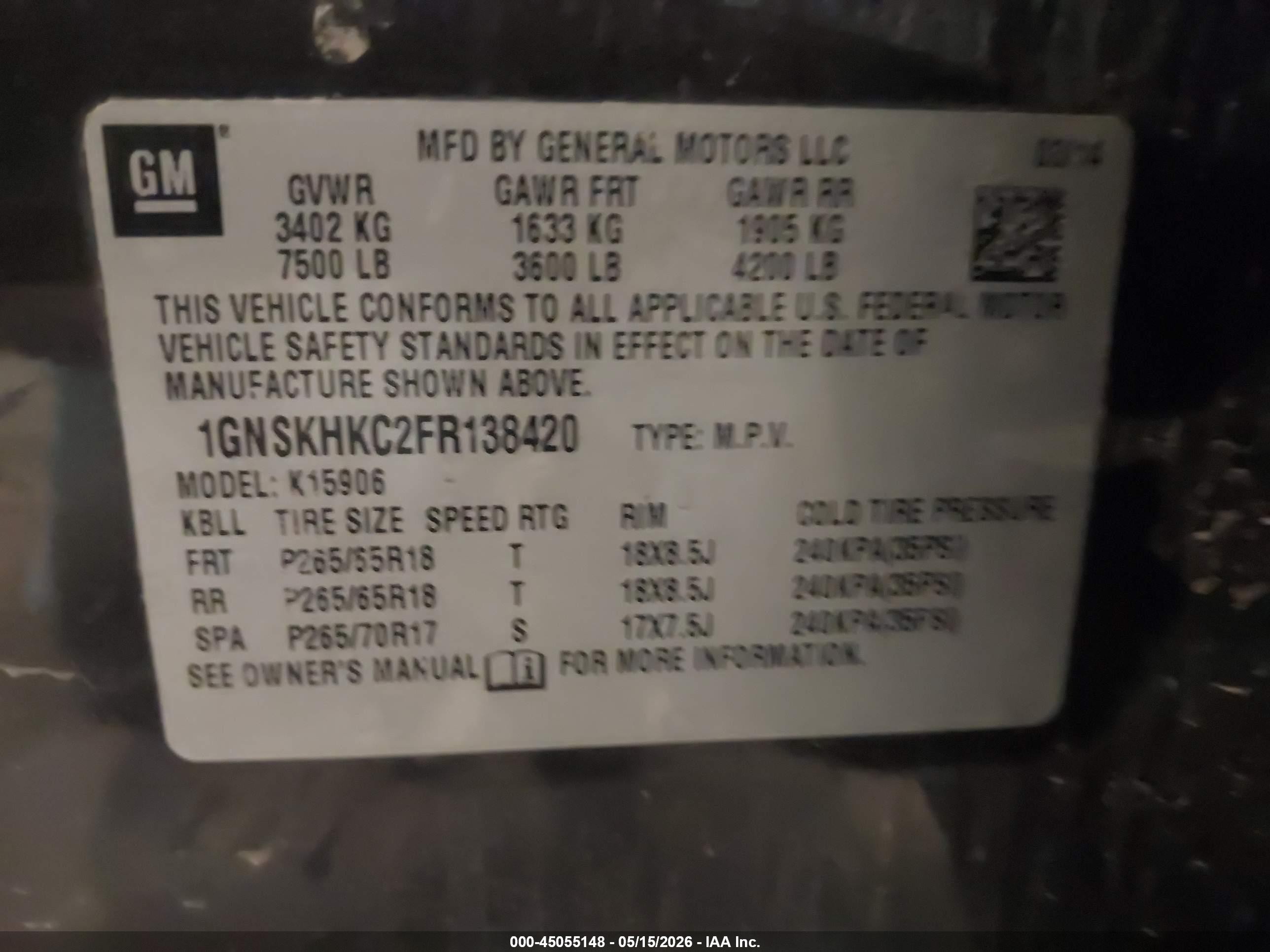 2015 Chevrolet Suburban 1500 Ls Gray vin: 1GNSKHKC2FR138420