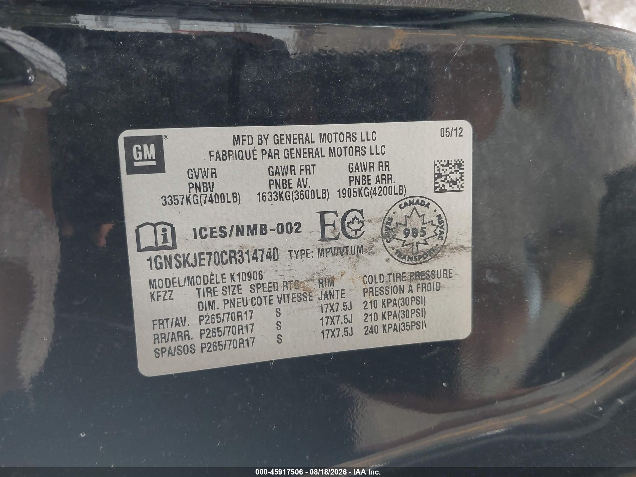 2012 Chevrolet Suburban Lt Black vin: 1GNSKJE70CR314740