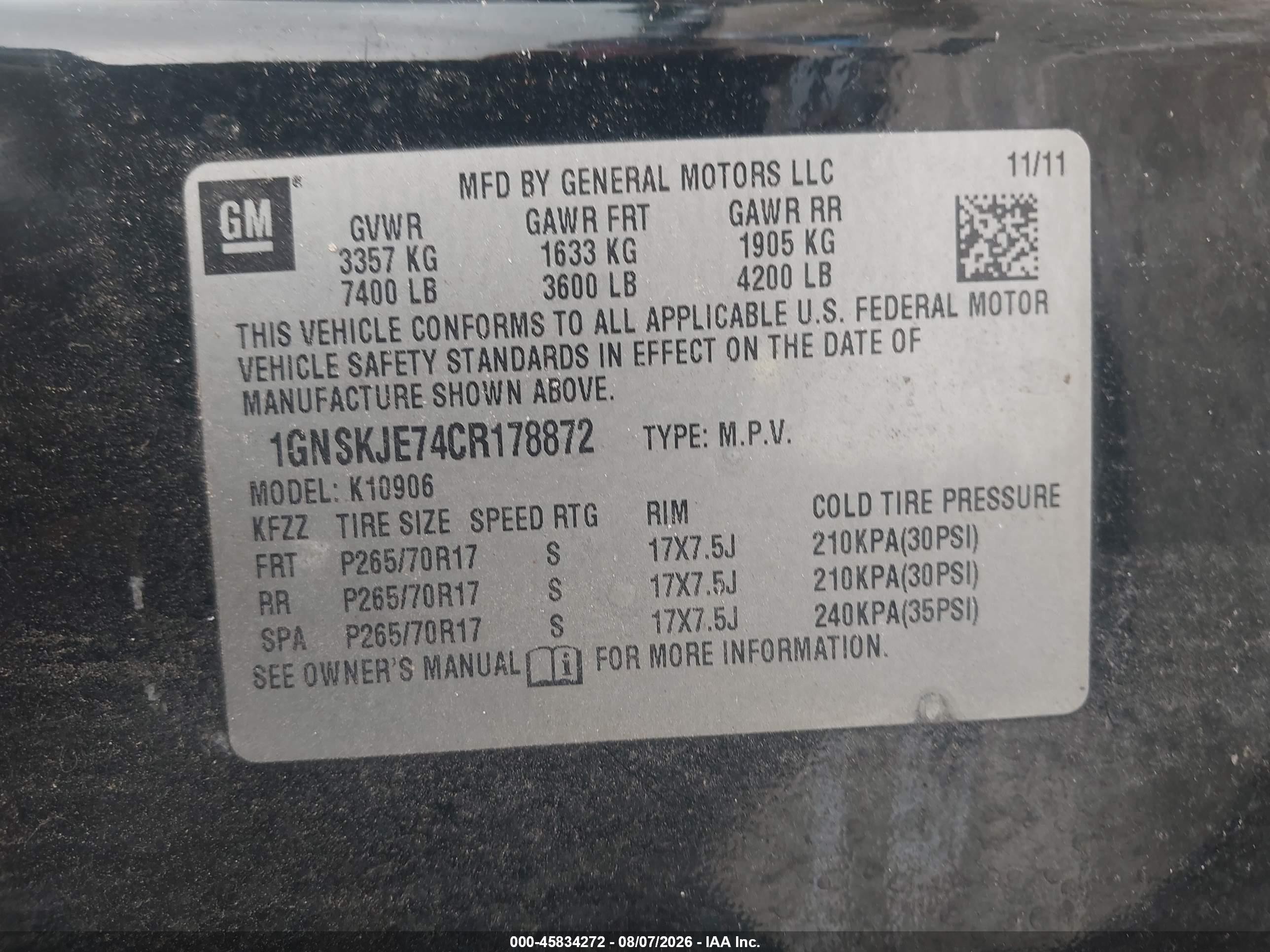 2012 Chevrolet Suburban Lt Black vin: 1GNSKJE74CR178872