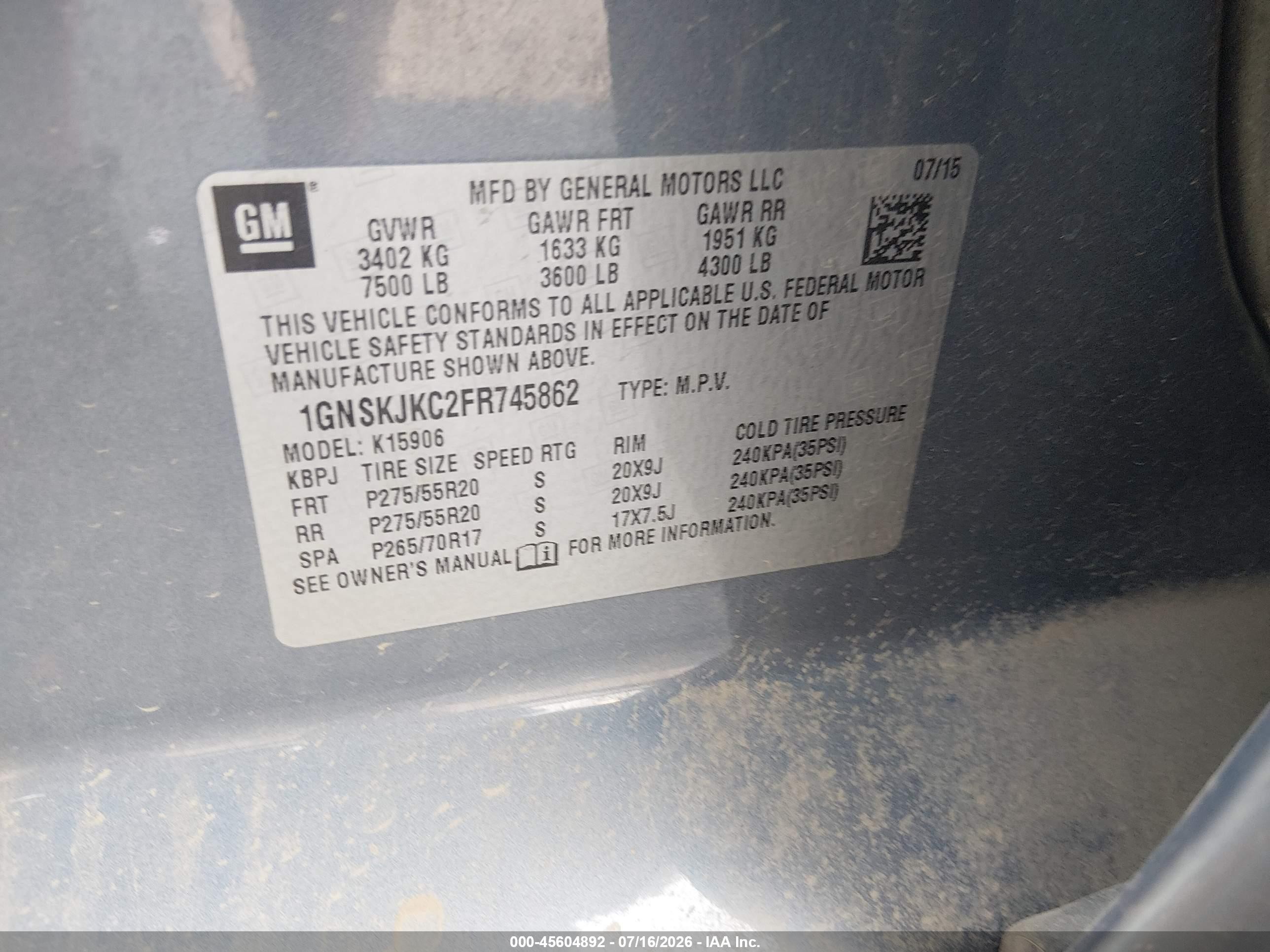 2015 Chevrolet Suburban Lt Синий vin: 1GNSKJKC2FR745862