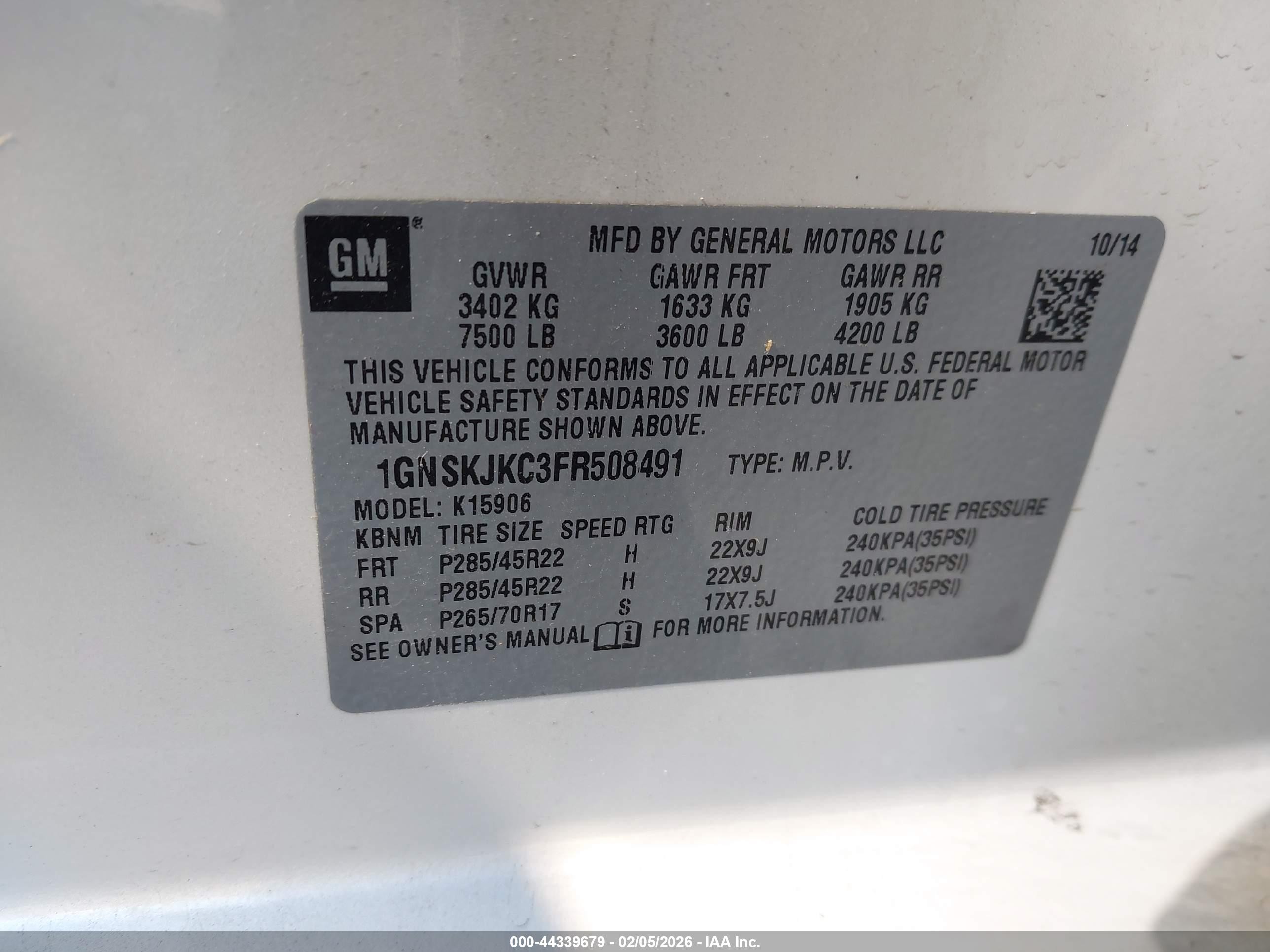 2015 Chevrolet Suburban 1500 Lt White vin: 1GNSKJKC3FR508491