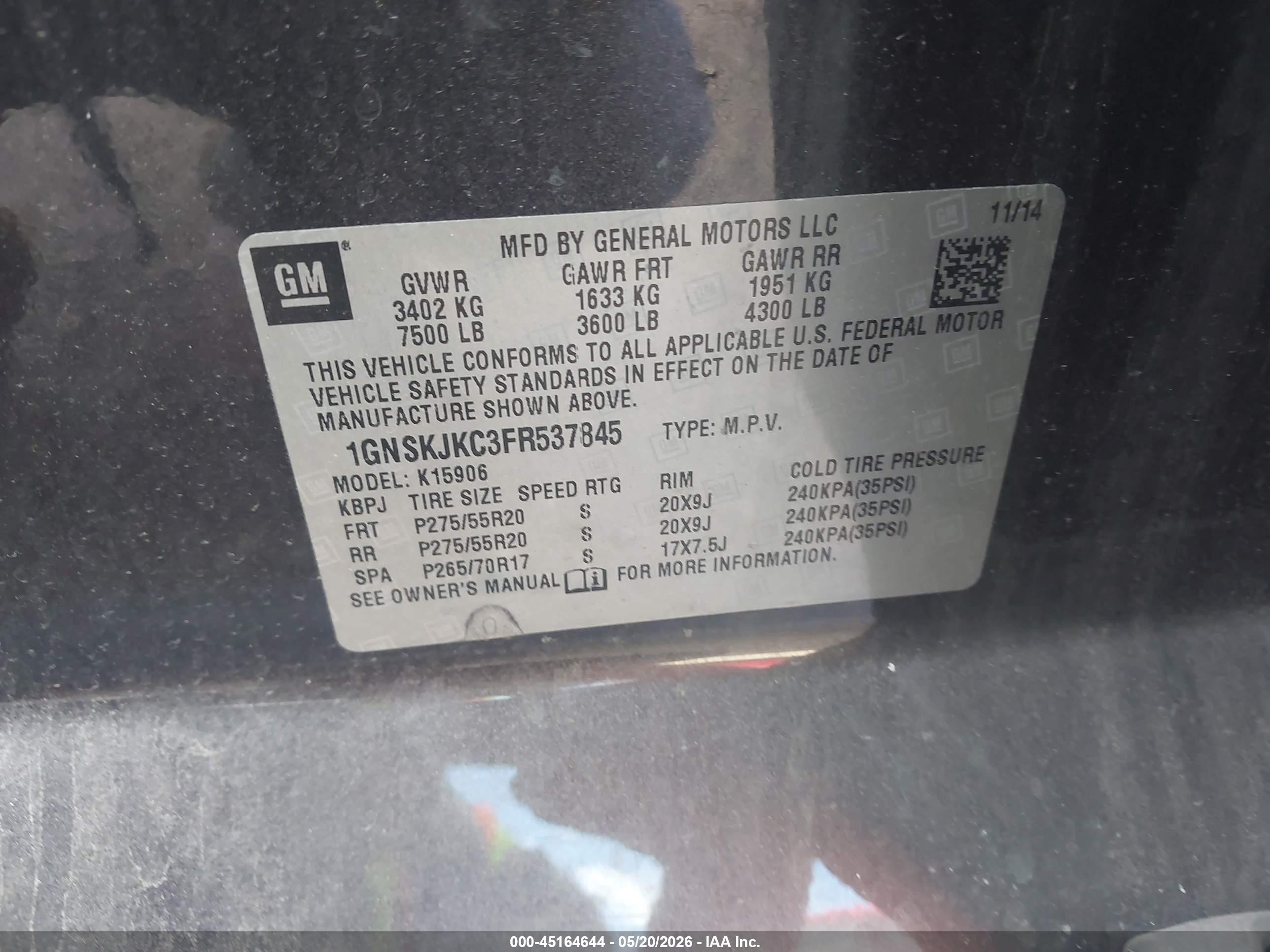 2015 Chevrolet Suburban 1500 Lt Black vin: 1GNSKJKC3FR537845