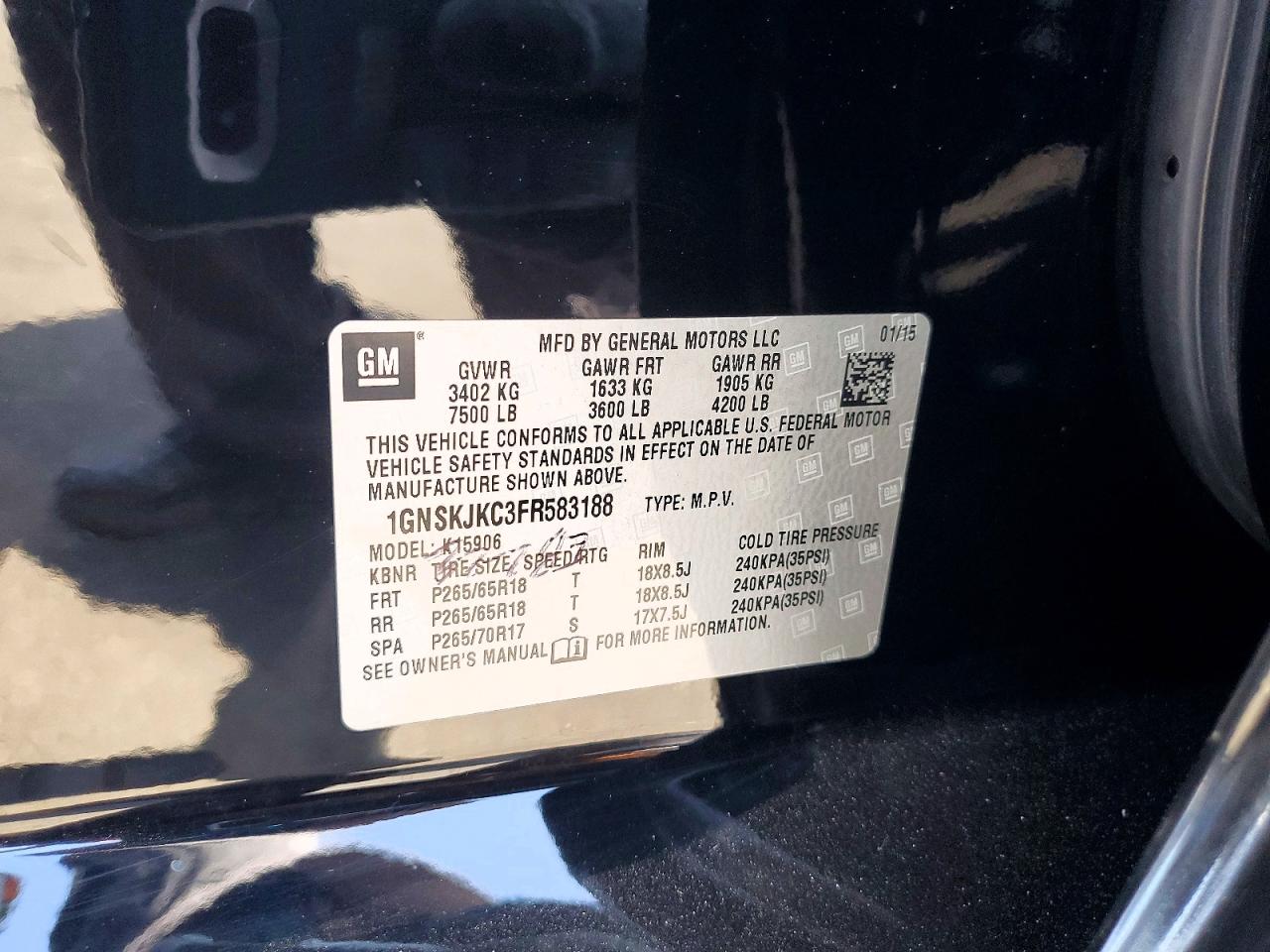 2015 Chevrolet Suburban K1500 Lt Black vin: 1GNSKJKC3FR583188