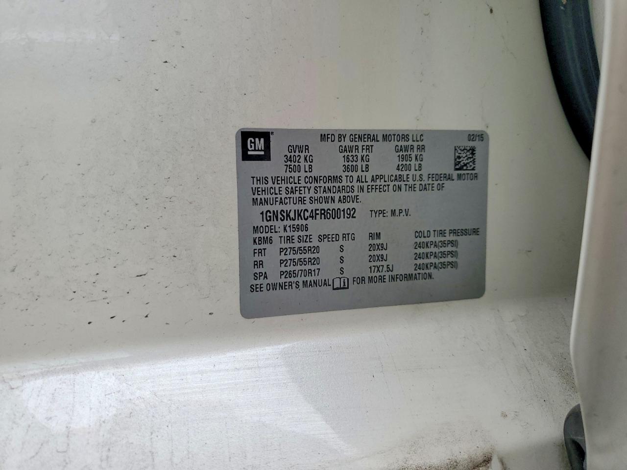 2015 Chevrolet Suburban K1500 Lt White vin: 1GNSKJKC4FR600192