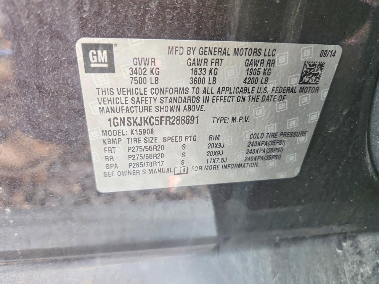 2015 Chevrolet Suburban K1500 Lt Charcoal vin: 1GNSKJKC5FR288691