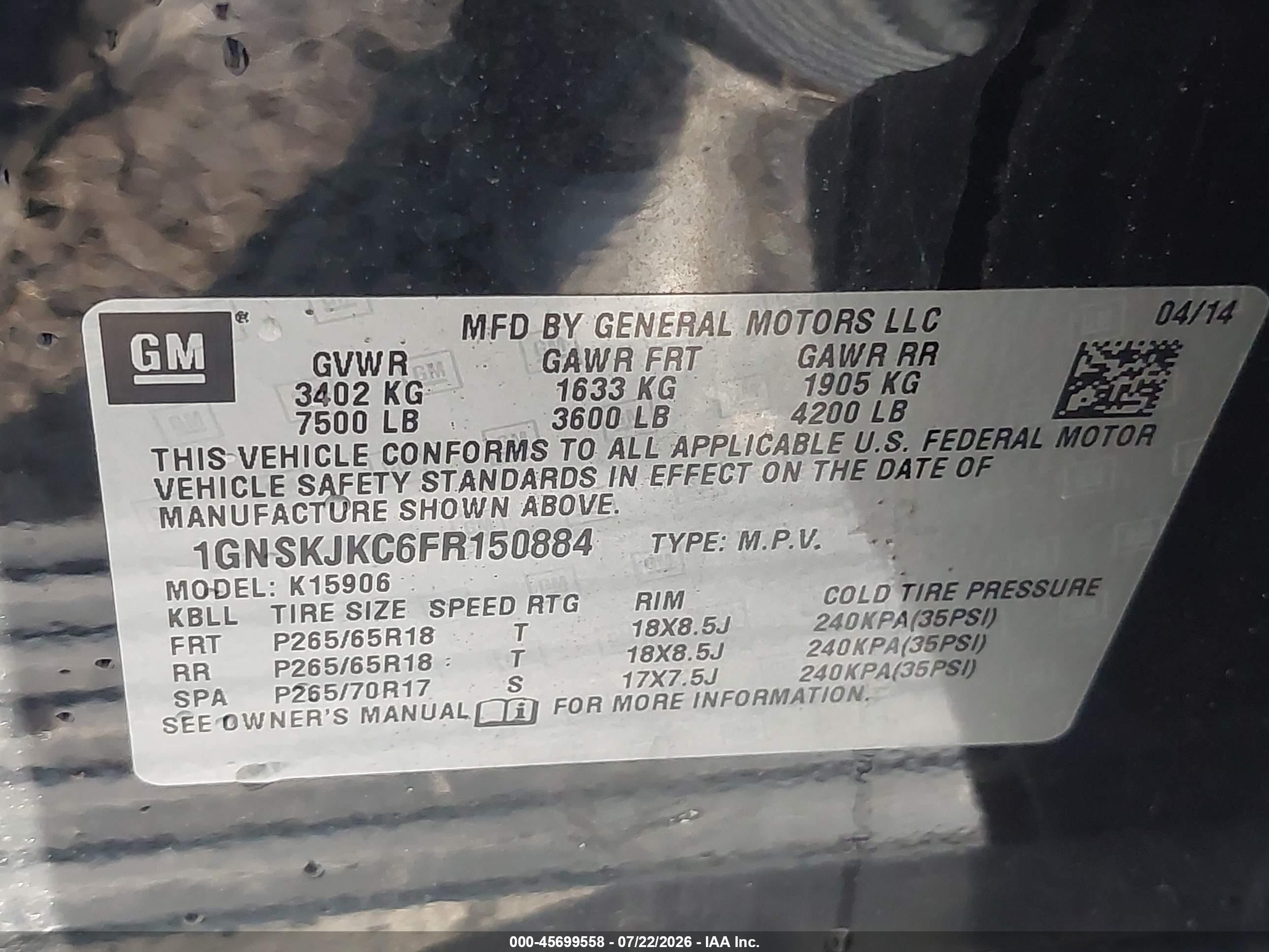 2015 Chevrolet Suburban 1500 Lt Black vin: 1GNSKJKC6FR150884