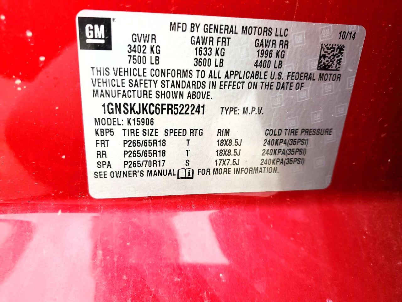 2015 Chevrolet Suburban K1500 Lt Red vin: 1GNSKJKC6FR522241