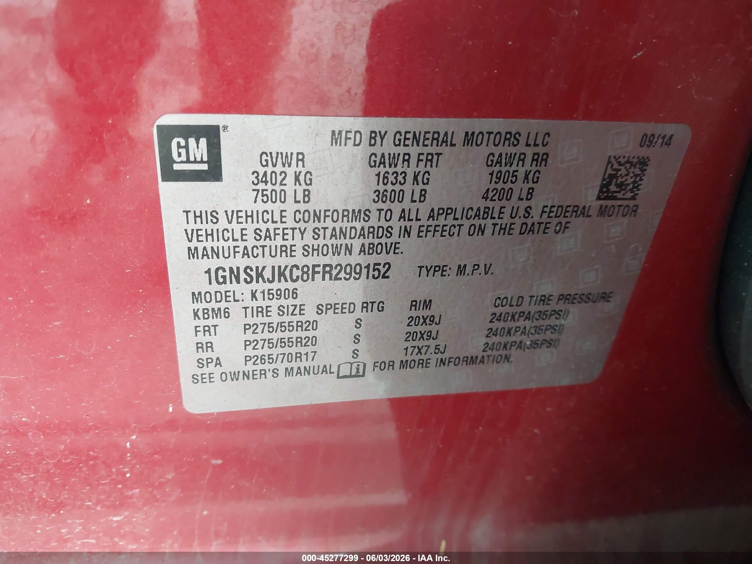 2015 Chevrolet Suburban 1500 Lt Red vin: 1GNSKJKC8FR299152