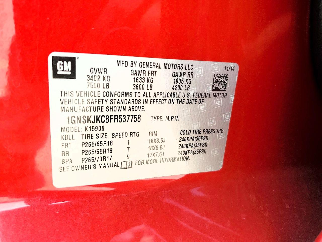2015 Chevrolet Suburban K1500 Lt Red vin: 1GNSKJKC8FR537758