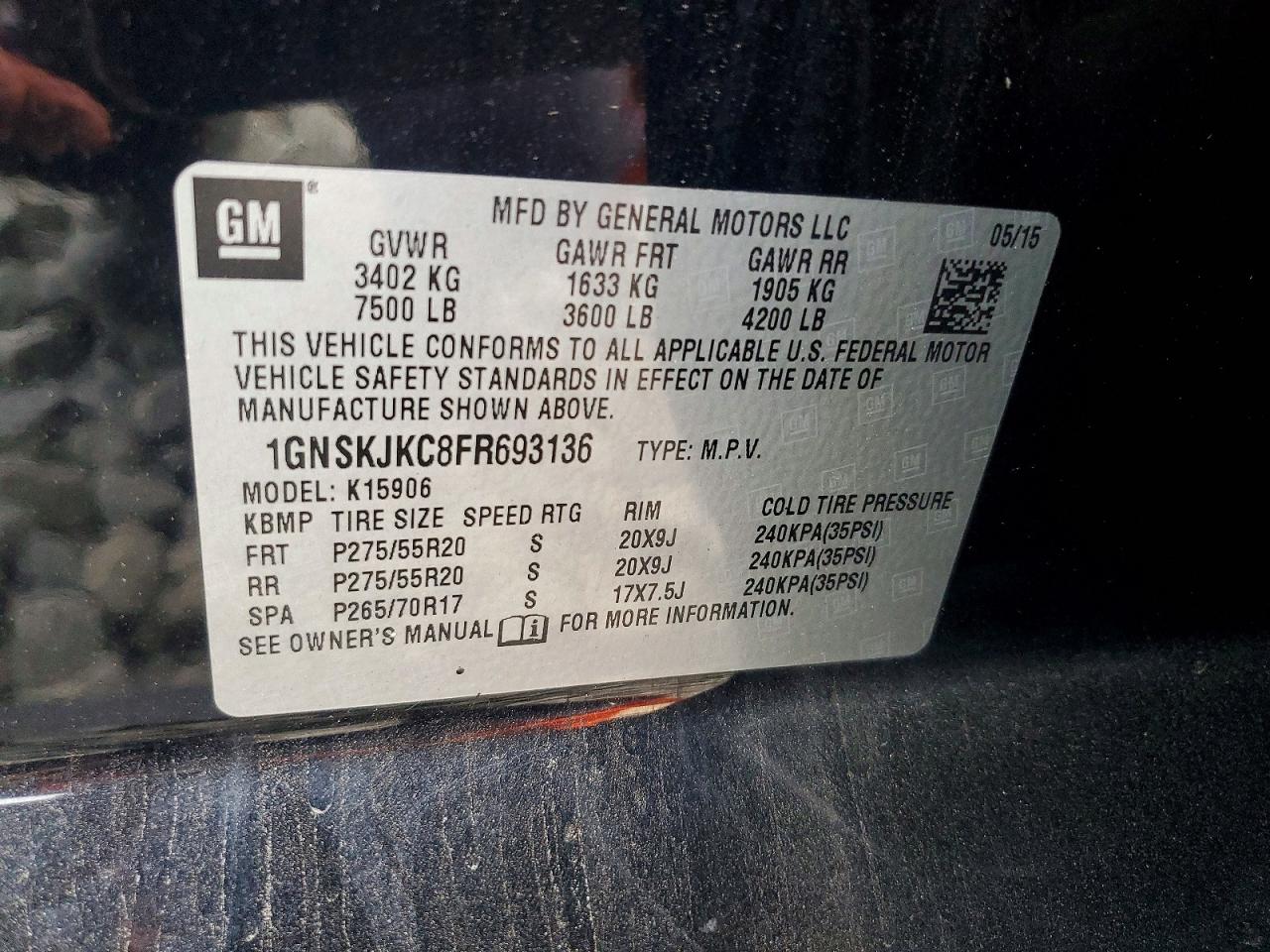 2015 Chevrolet Suburban K1500 Lt Black vin: 1GNSKJKC8FR693136