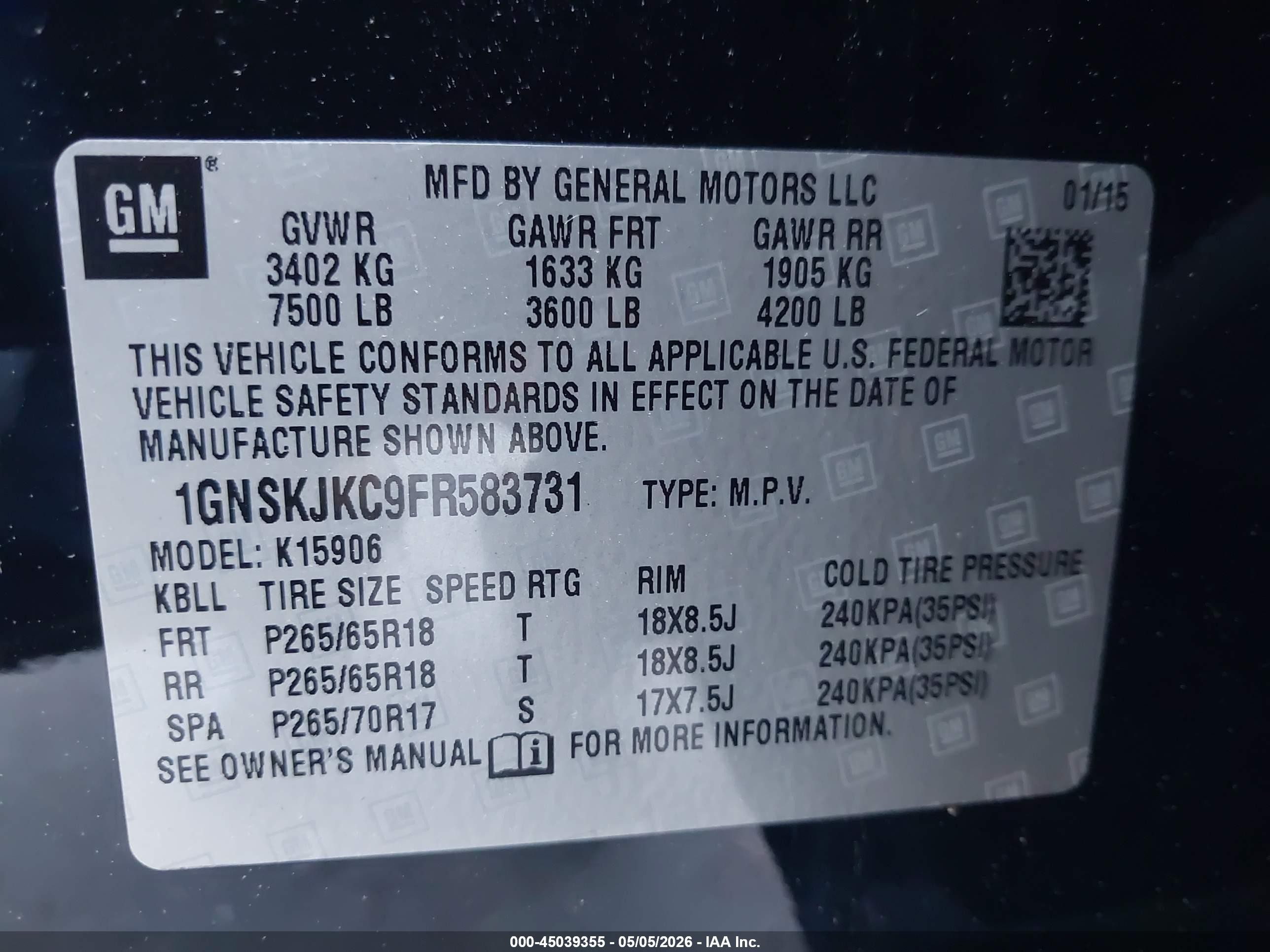 2015 Chevrolet Suburban 1500 Lt Black vin: 1GNSKJKC9FR583731
