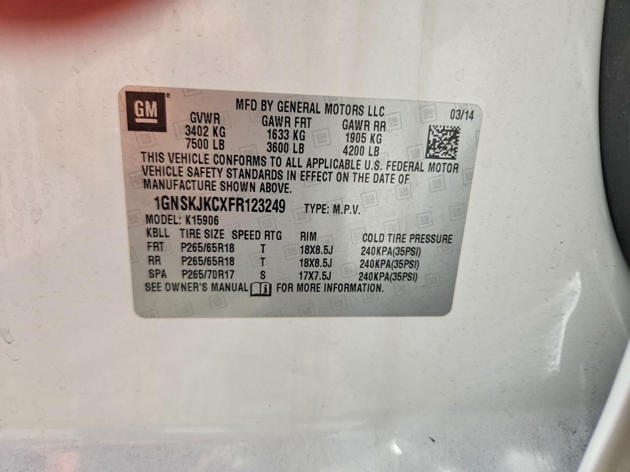 2015 Chevrolet Suburban K1500 Lt White vin: 1GNSKJKCXFR123249