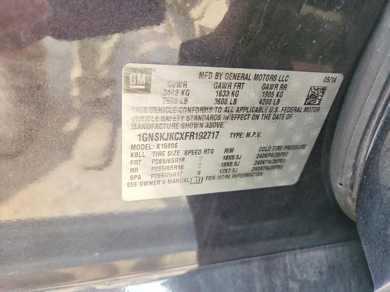 2015 Chevrolet Suburban K1500 Lt Gray vin: 1GNSKJKCXFR192717