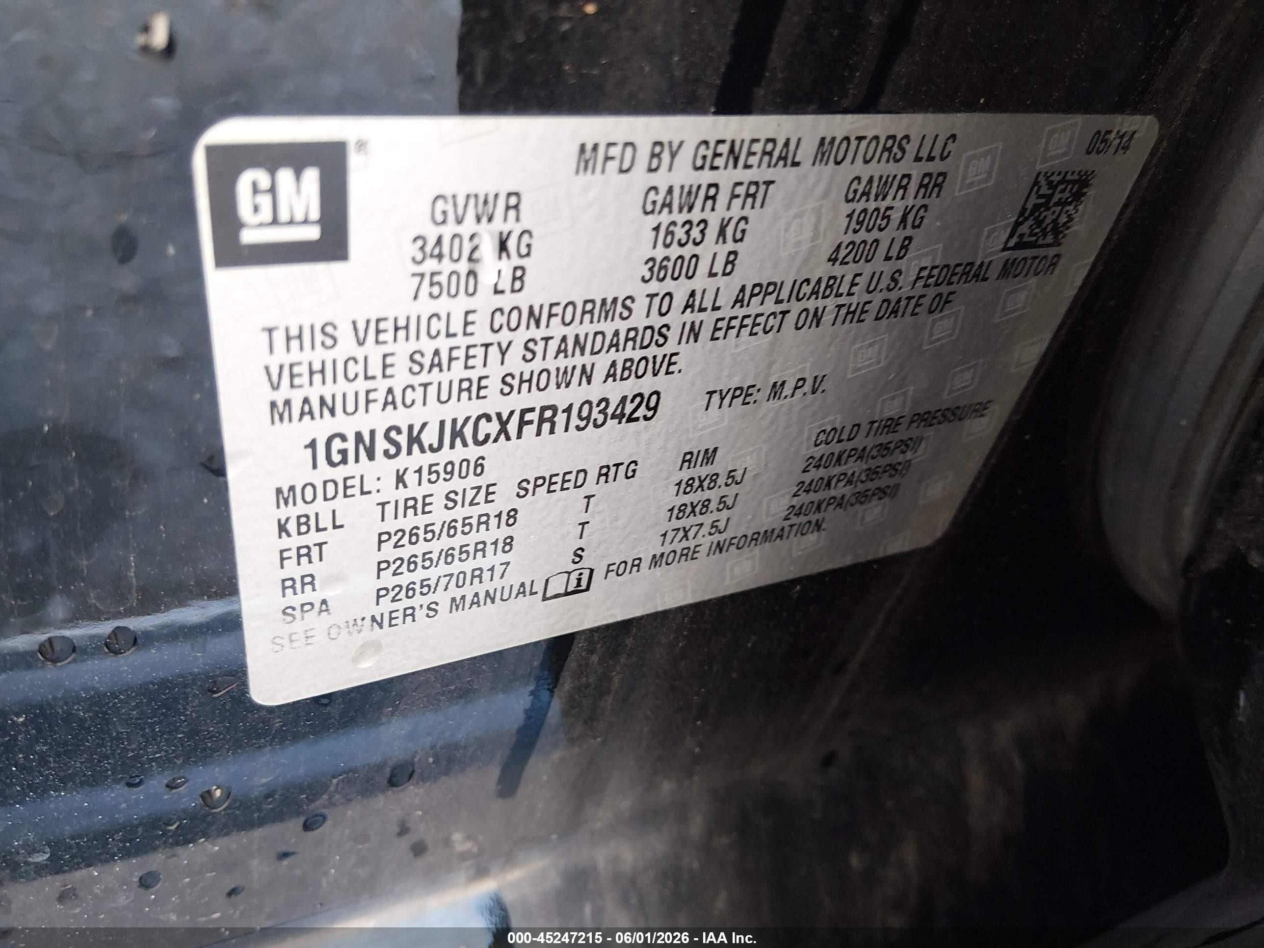 2015 Chevrolet Suburban 1500 Lt Black vin: 1GNSKJKCXFR193429