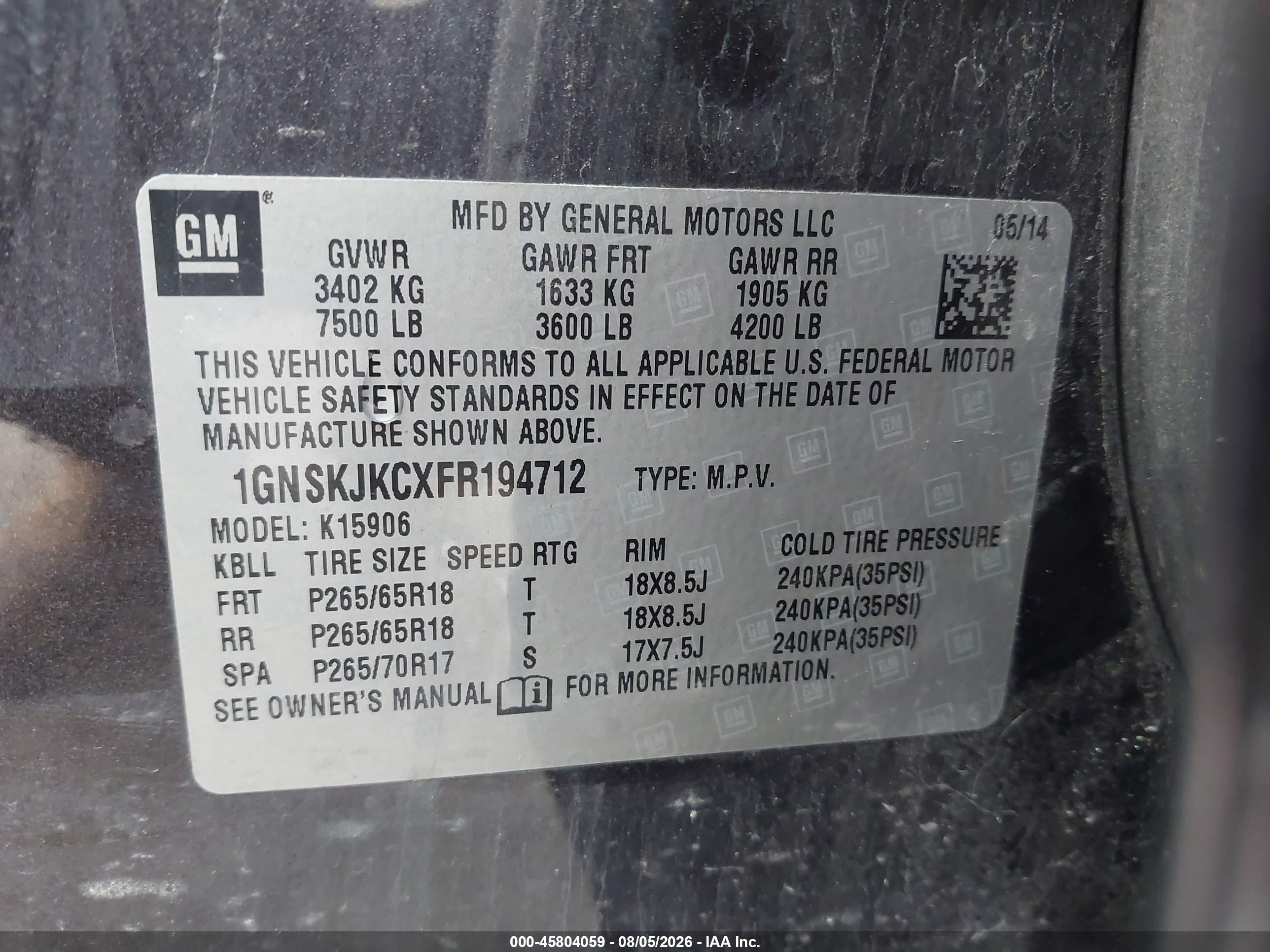 2015 Chevrolet Suburban Lt Gray vin: 1GNSKJKCXFR194712